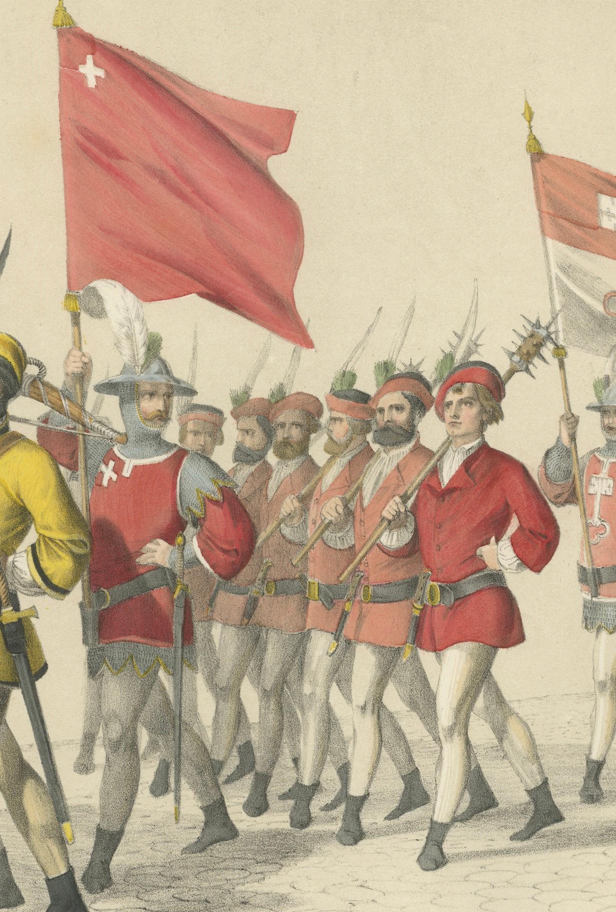Litografia colorata a mano del 1855 delle truppe cantonali svizzere - Uri, Svitto, Untervaldo In condizioni buone in vendita a Langweer, NL