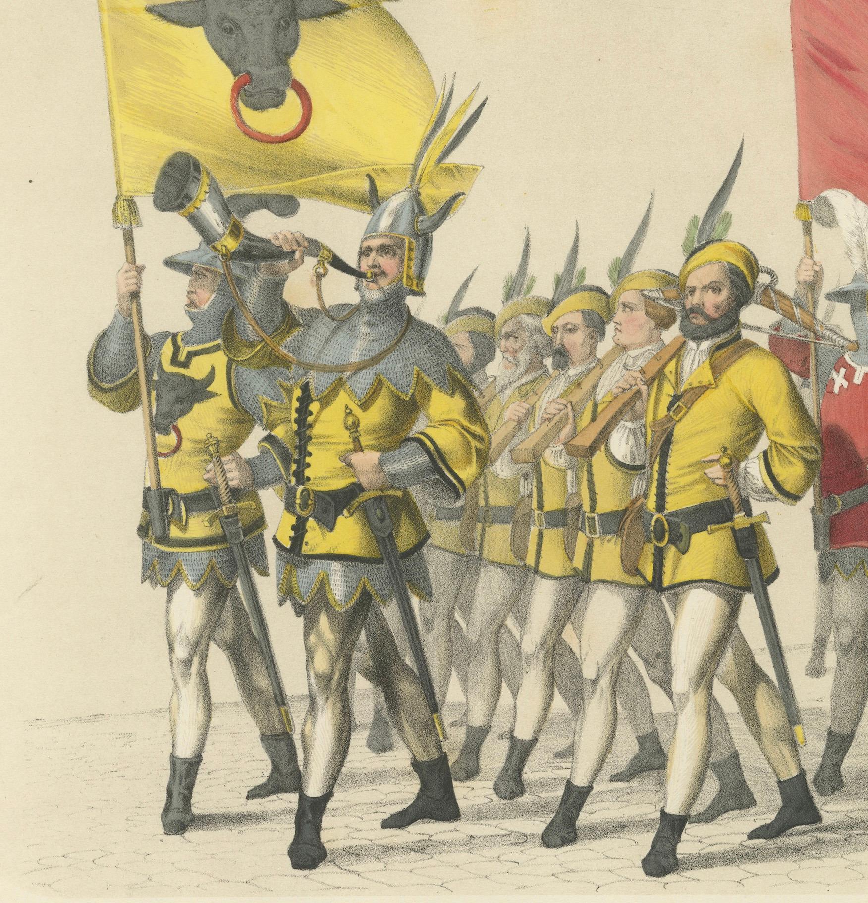 Metà XIX secolo Litografia colorata a mano del 1855 delle truppe cantonali svizzere - Uri, Svitto, Untervaldo in vendita