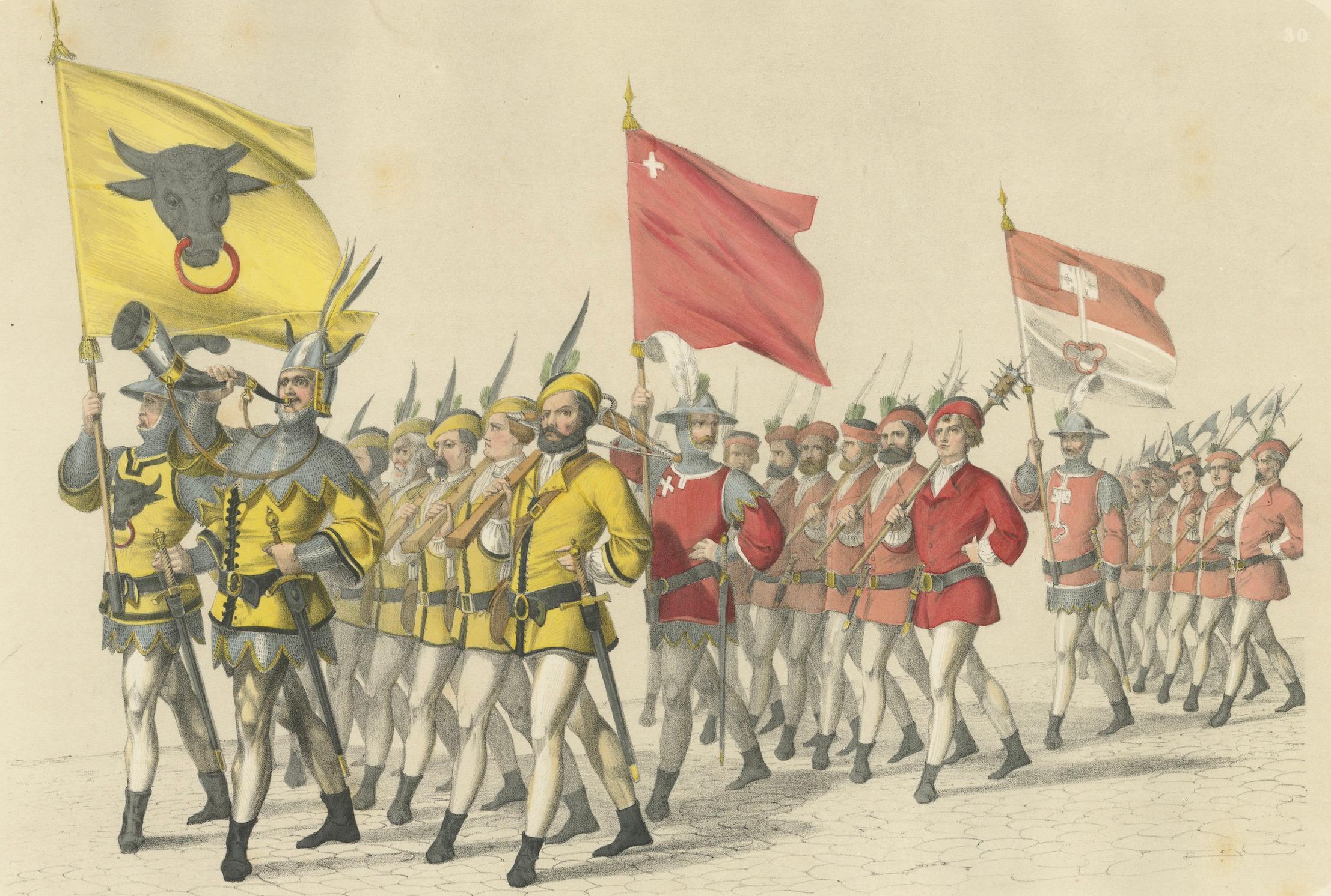 Litografia colorata a mano del 1855 delle truppe cantonali svizzere - Uri, Svitto, Untervaldo in vendita 2