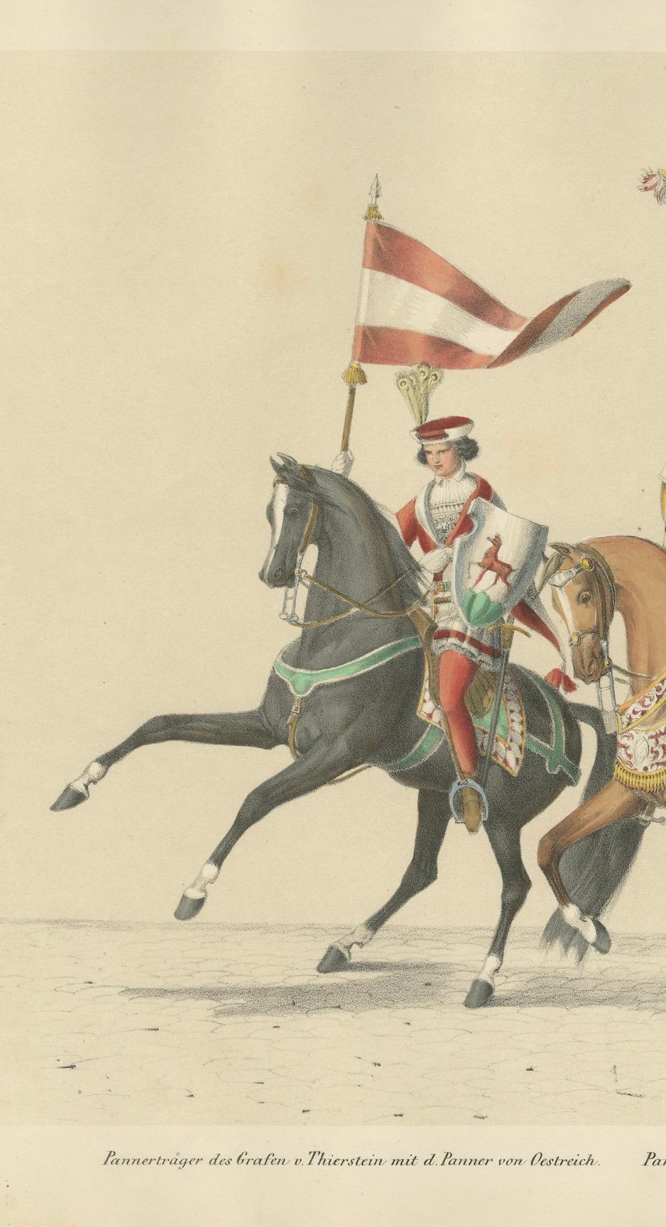 Titel: Wappenzug 1855 - Bannerträger von Thierstein, Lorrain und Oettingen  

Beschreibung:  
Diese bemerkenswerte handkolorierte Lithographie, die von H. Jenny geschaffen und von Kümmerly und Wittmer lithographiert wurde, ist Teil des *Festalbums*
