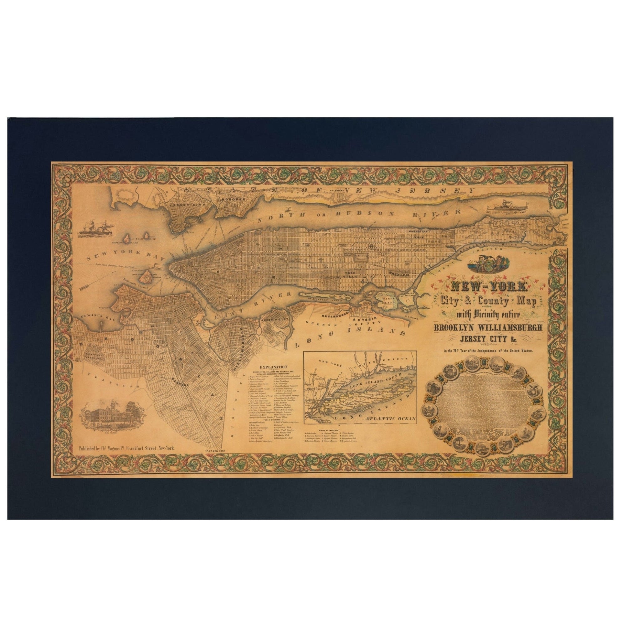 1855 New-York City & County Karte mit Umgebung von Charles Magnus