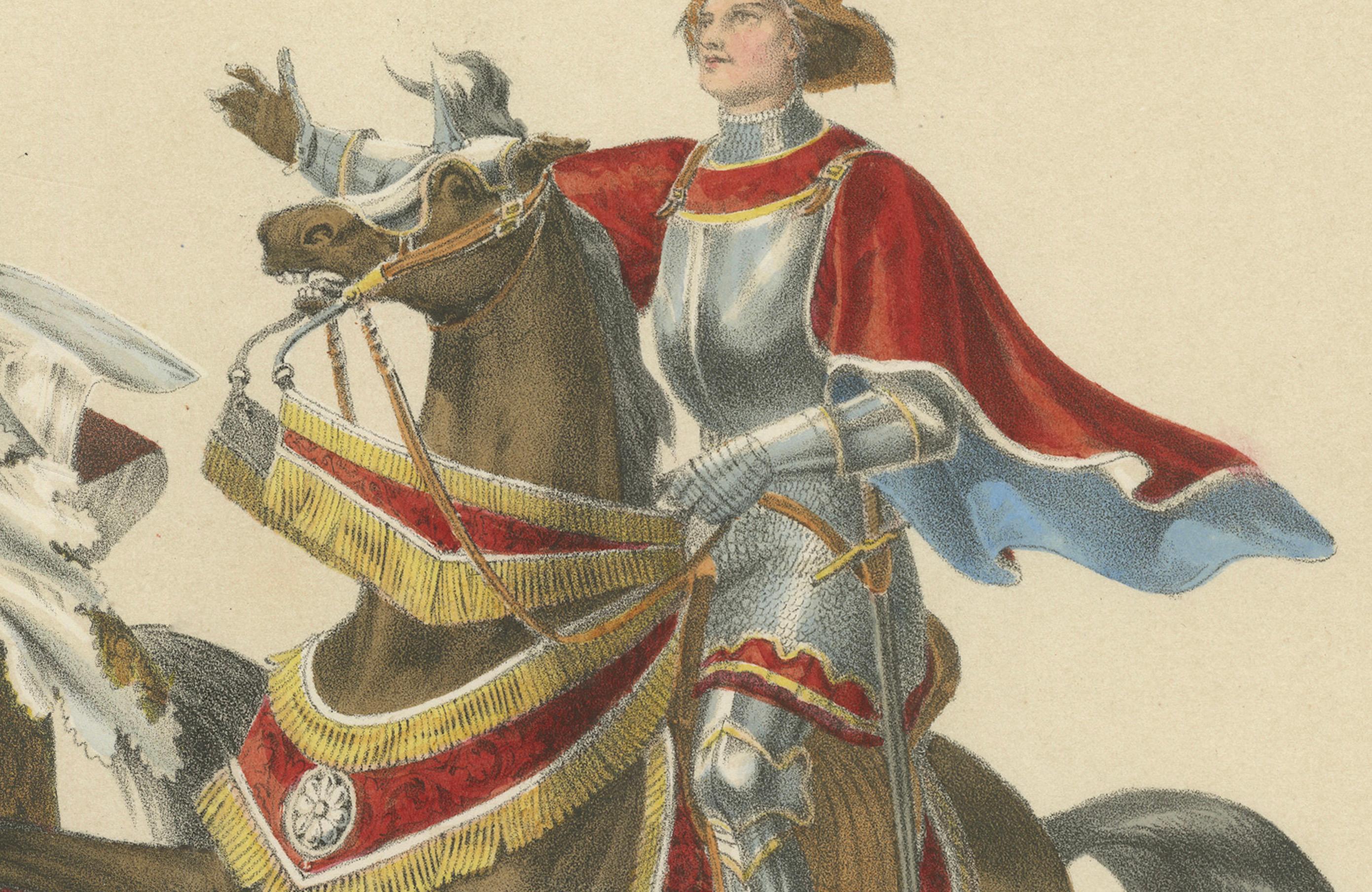 Titre : Cavalcade royale de 1855 - Le duc René de Lorrain et les comtes de Thierstein et d'Oettingen  

Description :  
Cette remarquable lithographie coloriée à la main, créée par H. Jenny et lithographiée par Kümmerly et Wittmer, fait partie de