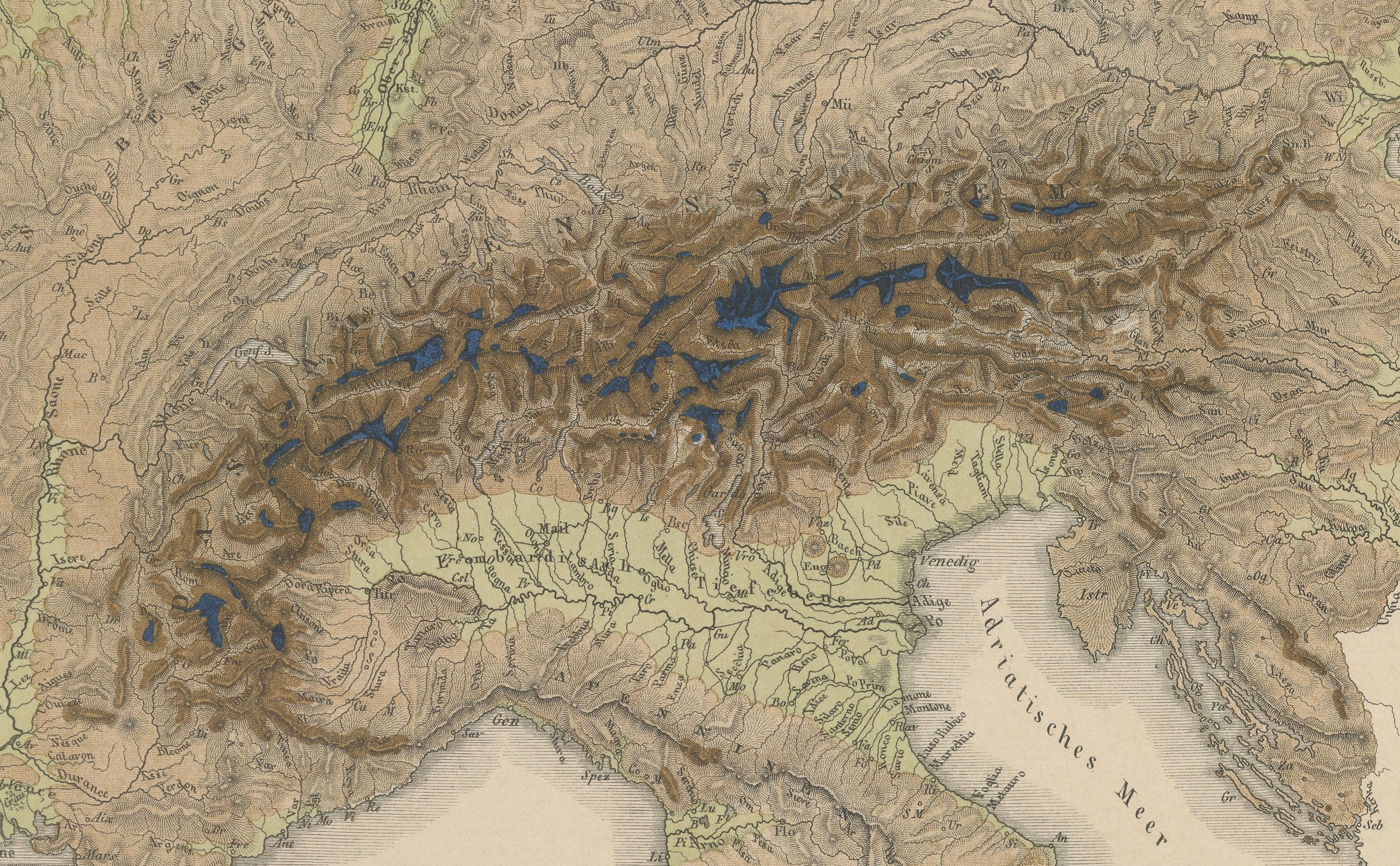 1855 Mapa en relieve de Alemania y los Alpes con ríos y terreno Alemán en venta