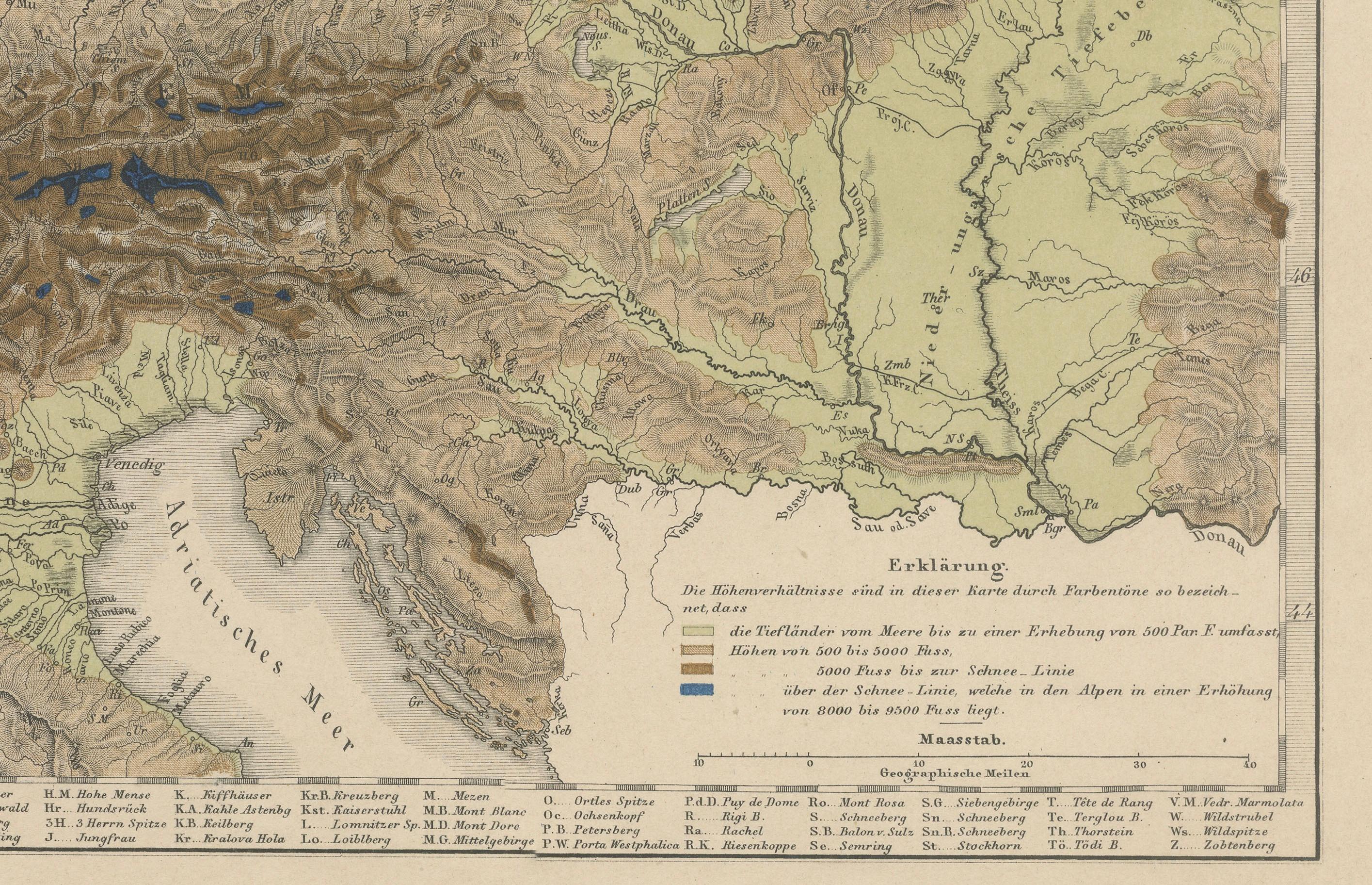 1855 Mapa en relieve de Alemania y los Alpes con ríos y terreno Grabado en venta