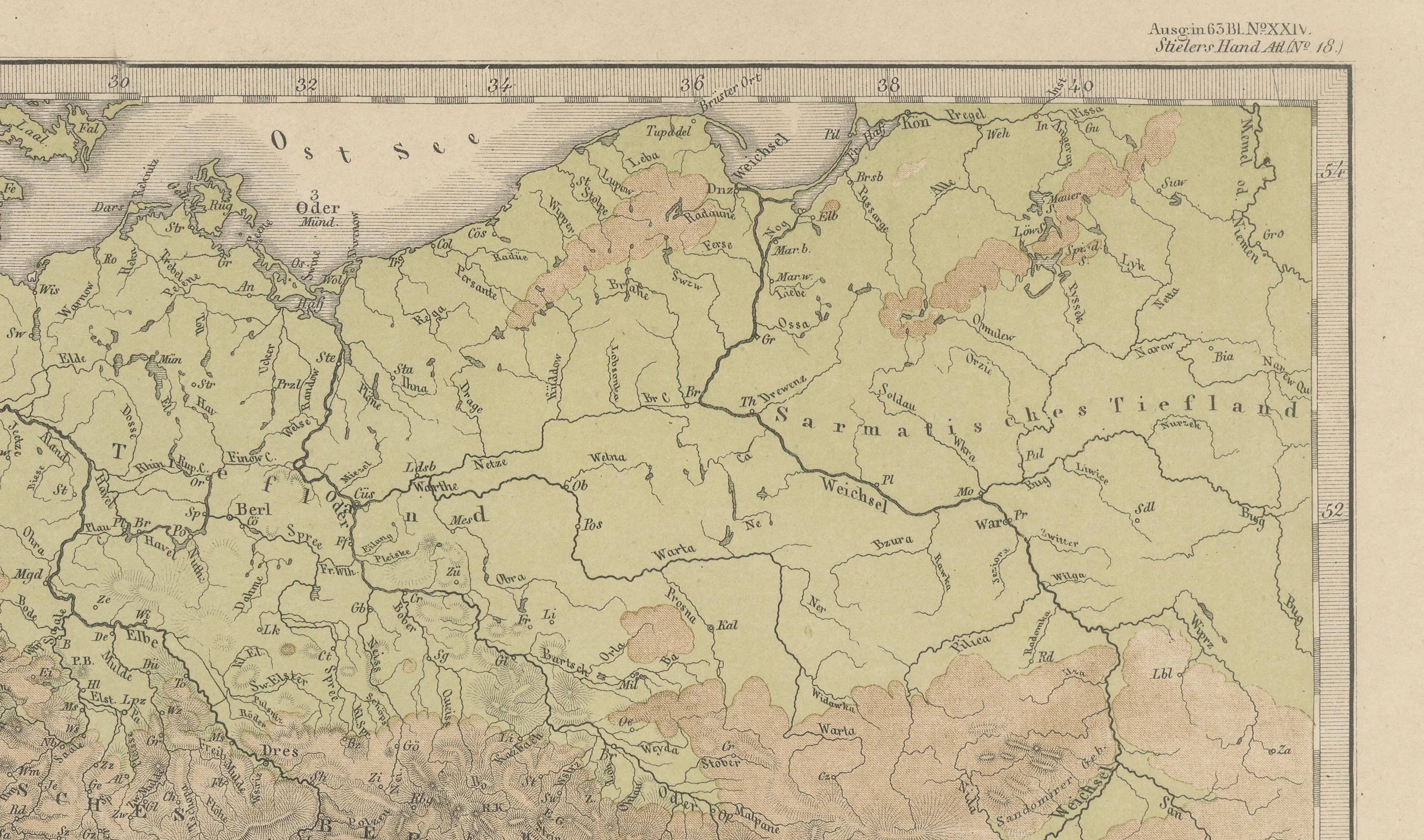 1855 Mapa en relieve de Alemania y los Alpes con ríos y terreno en Bueno estado para la venta en Langweer, NL