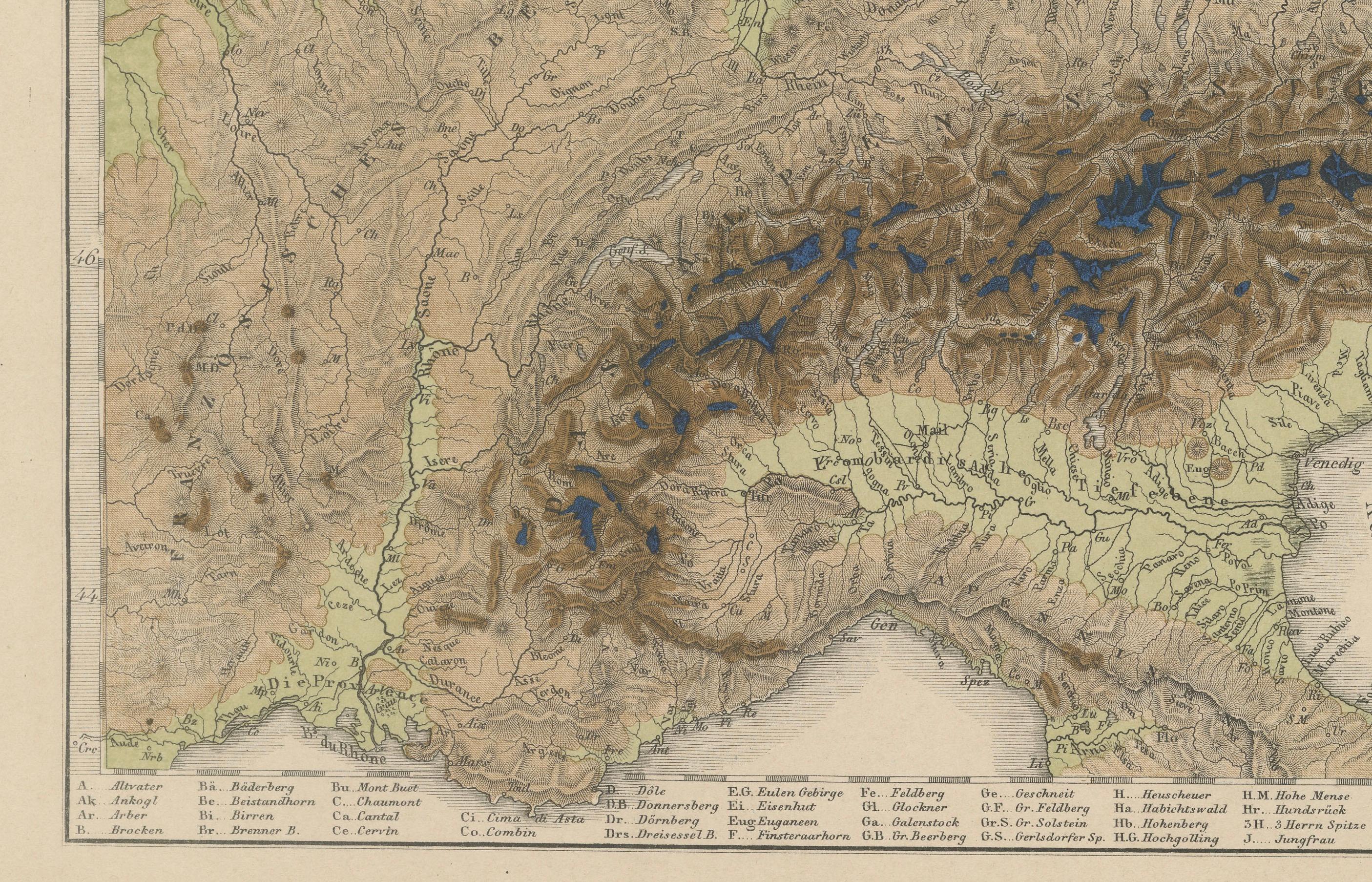 1855 Mapa en relieve de Alemania y los Alpes con ríos y terreno siglo XIX en venta