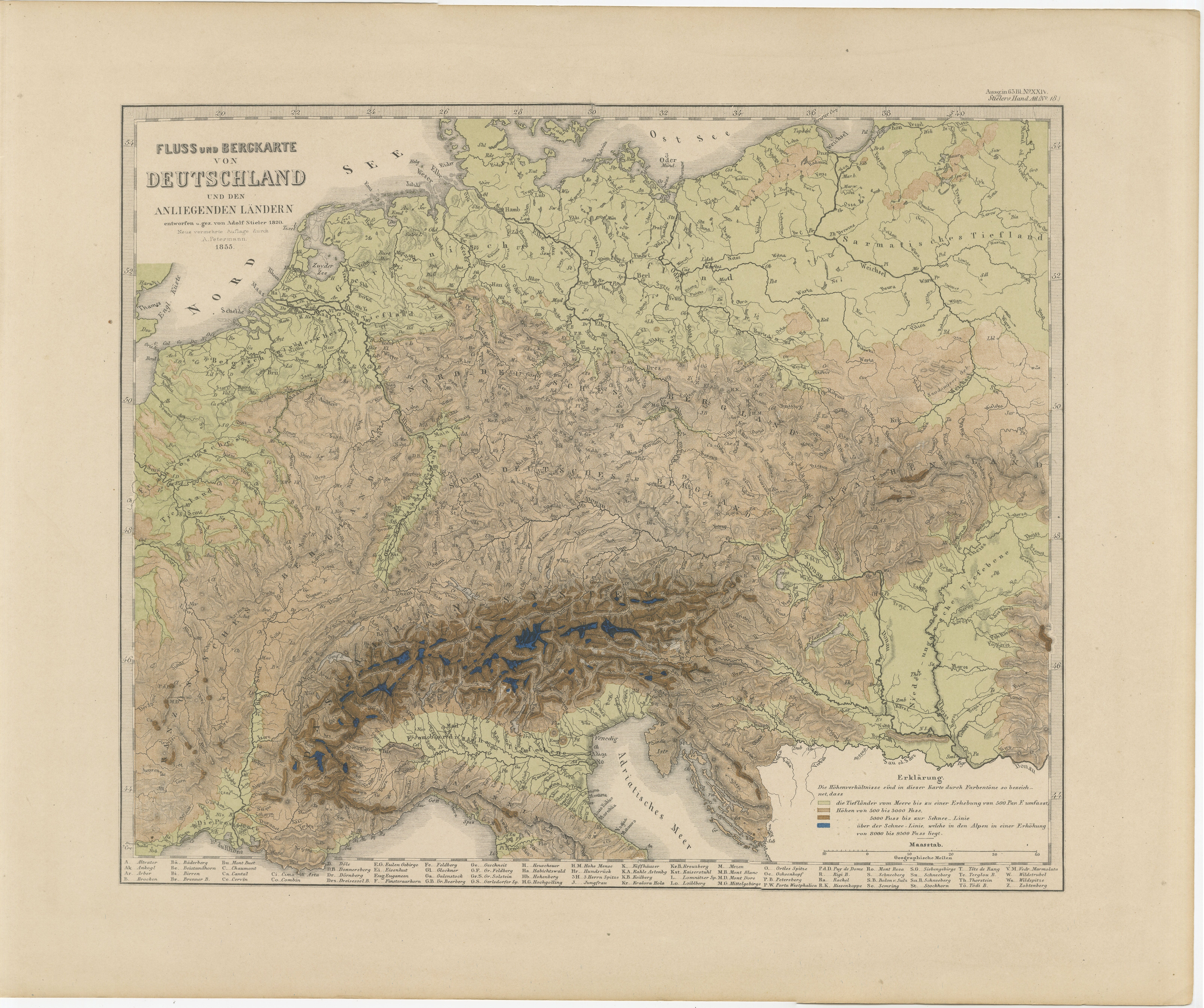 1855 Mapa en relieve de Alemania y los Alpes con ríos y terreno en venta