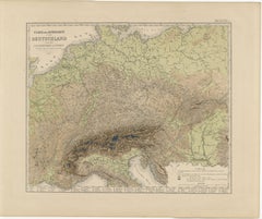 1855 Mapa en relieve de Alemania y los Alpes con ríos y terreno