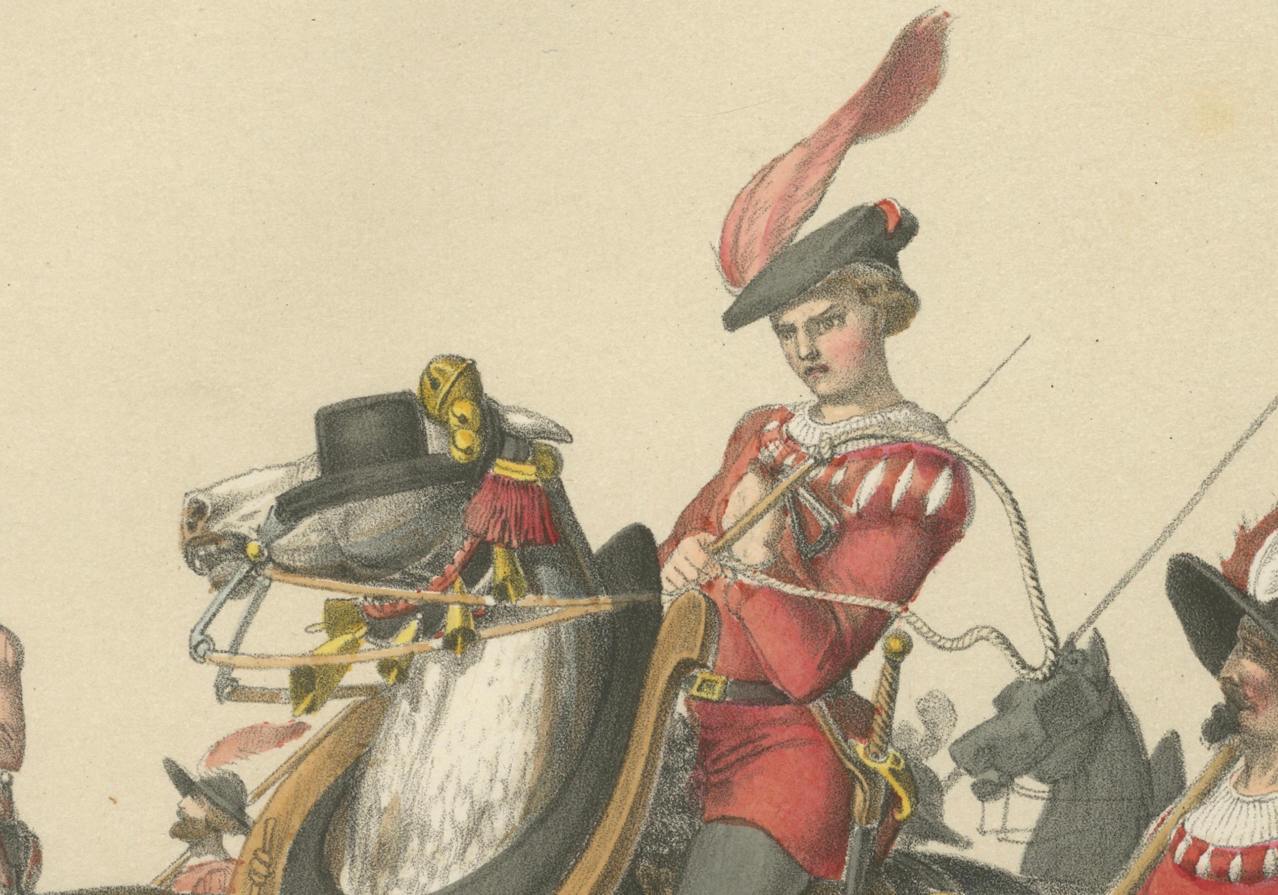 Titre : 1855 Défilé de la victoire suisse - Canons bourguignons capturés dans le cortège triomphal  

Description :  
Cette exquise lithographie coloriée à la main, créée par H. Jenny et lithographiée par Kümmerly et Wittmer, fait partie de l'