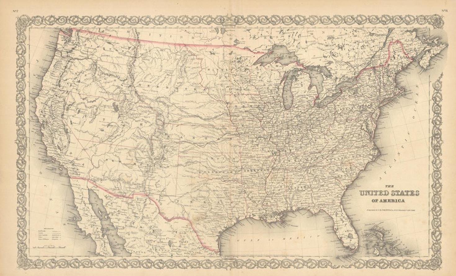 This is an attractive 19th century map of the United States. Published in 1855 by Joseph H. Colton in New York, this map details the area from the southern border of Canada, labeled here as “British Possessions,” to the northern border of Mexico and