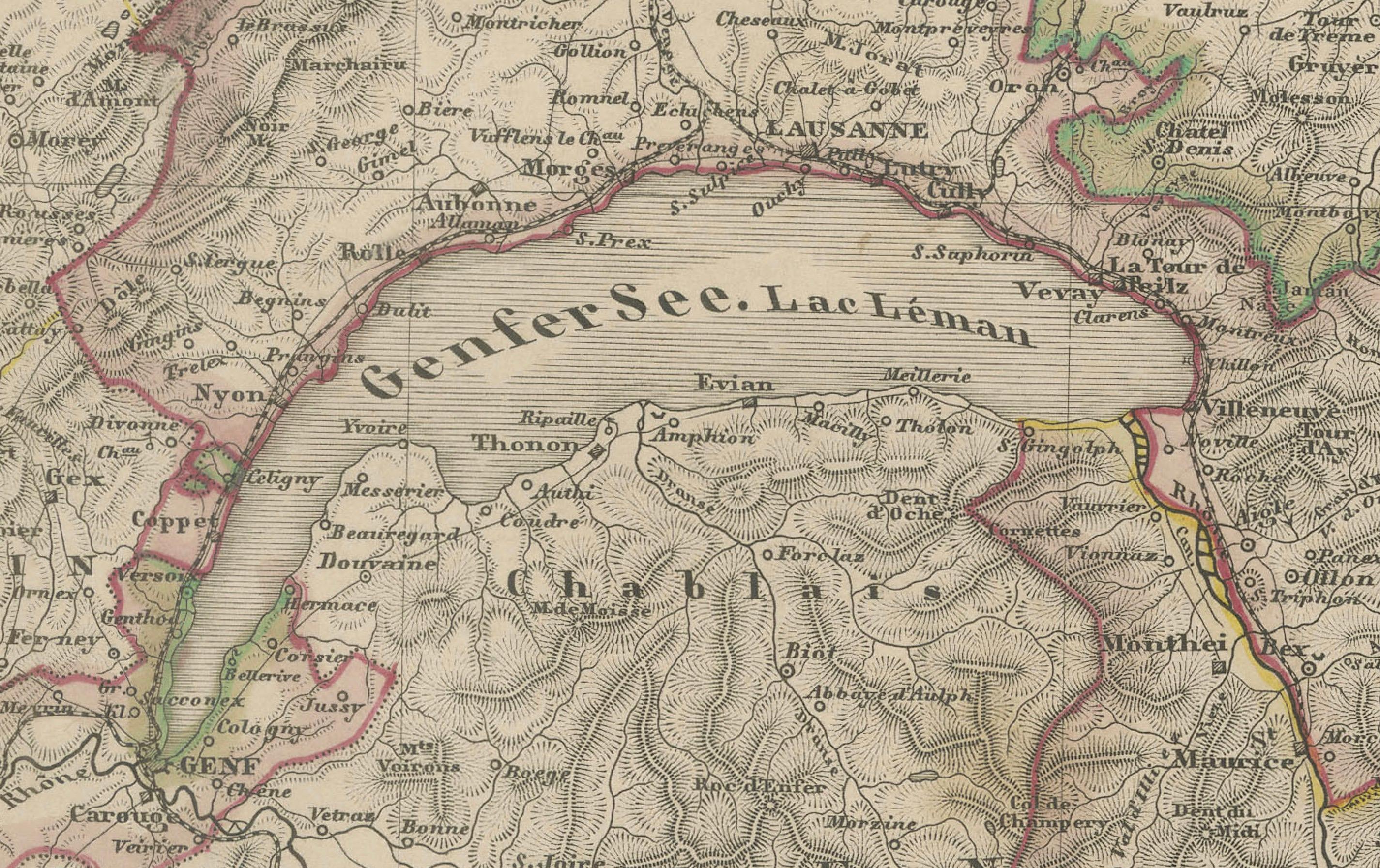 Mapa grabado de Suiza de 1856 con bordes cantonales de Stülpnagel Alemán en venta