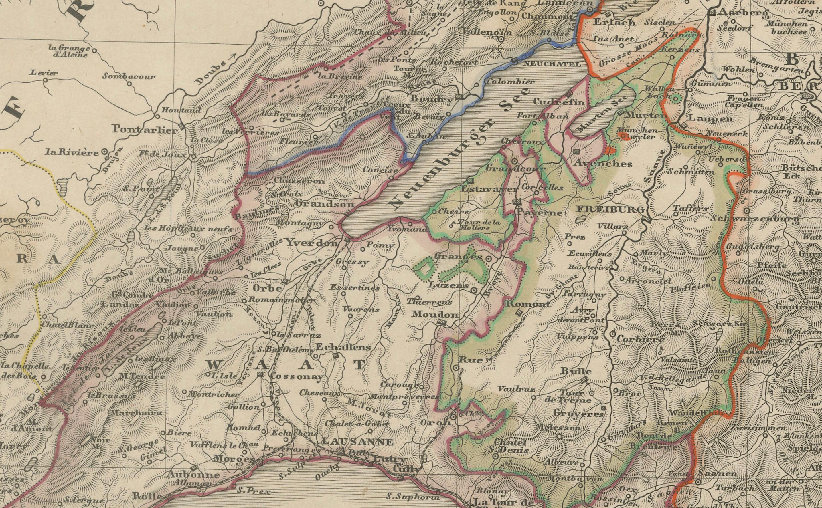 Mapa grabado de Suiza de 1856 con bordes cantonales de Stülpnagel Grabado en venta