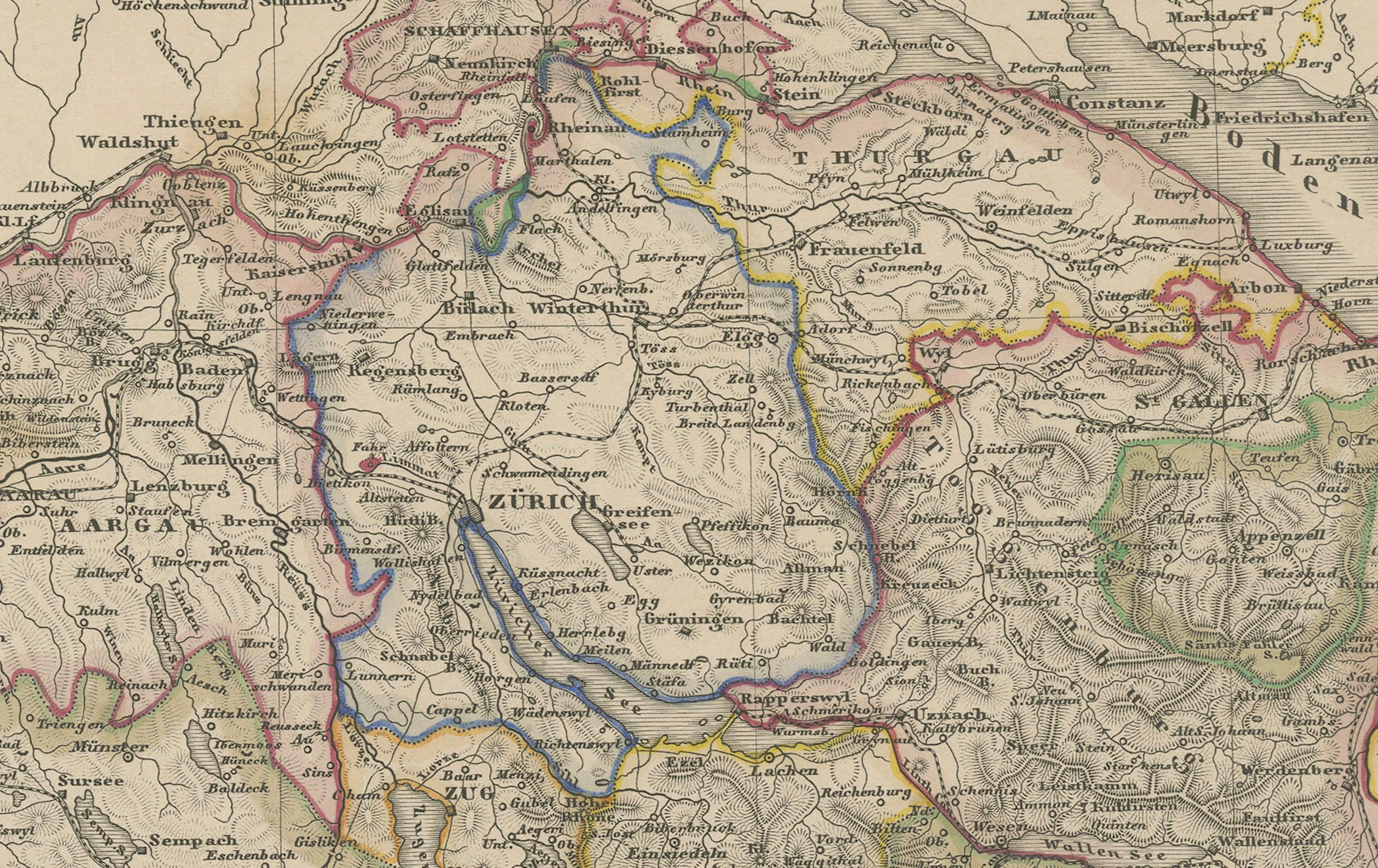 Mapa grabado de Suiza de 1856 con bordes cantonales de Stülpnagel siglo XIX en venta