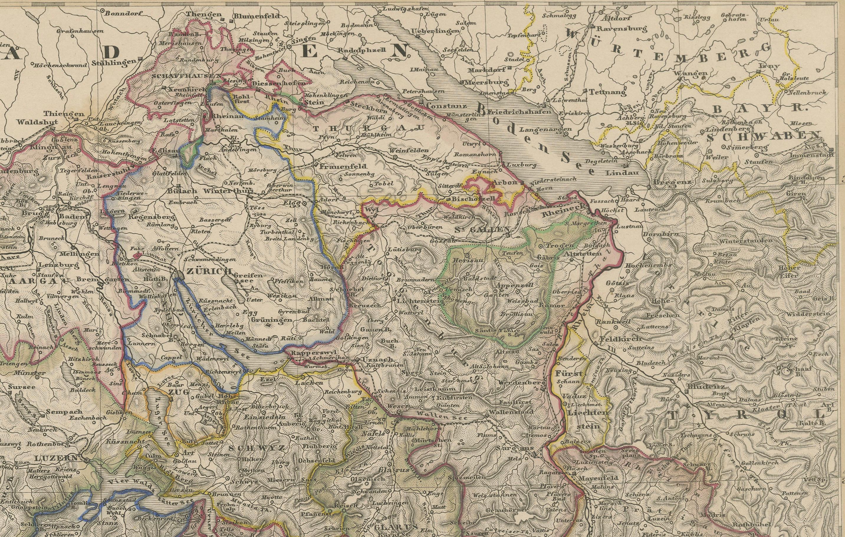 Mapa grabado de Suiza de 1856 con bordes cantonales de Stülpnagel Papel en venta