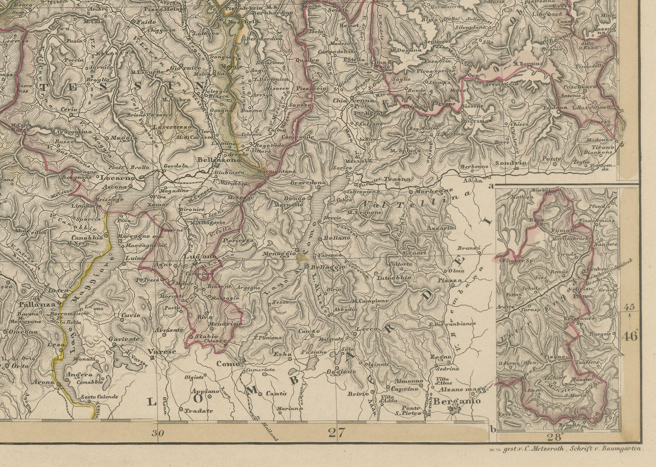 Mapa grabado de Suiza de 1856 con bordes cantonales de Stülpnagel en venta 1