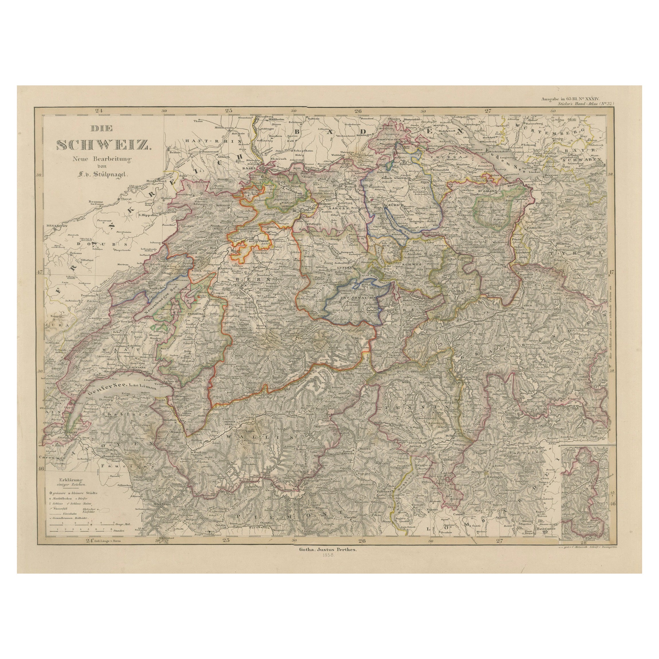 Mapa grabado de Suiza de 1856 con bordes cantonales de Stülpnagel en venta