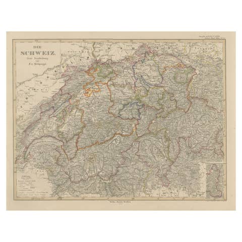 1856 Engraved Map of Switzerland with Cantonal Borders by Stülpnagel