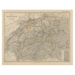 Mapa grabado de Suiza de 1856 con bordes cantonales de Stülpnagel