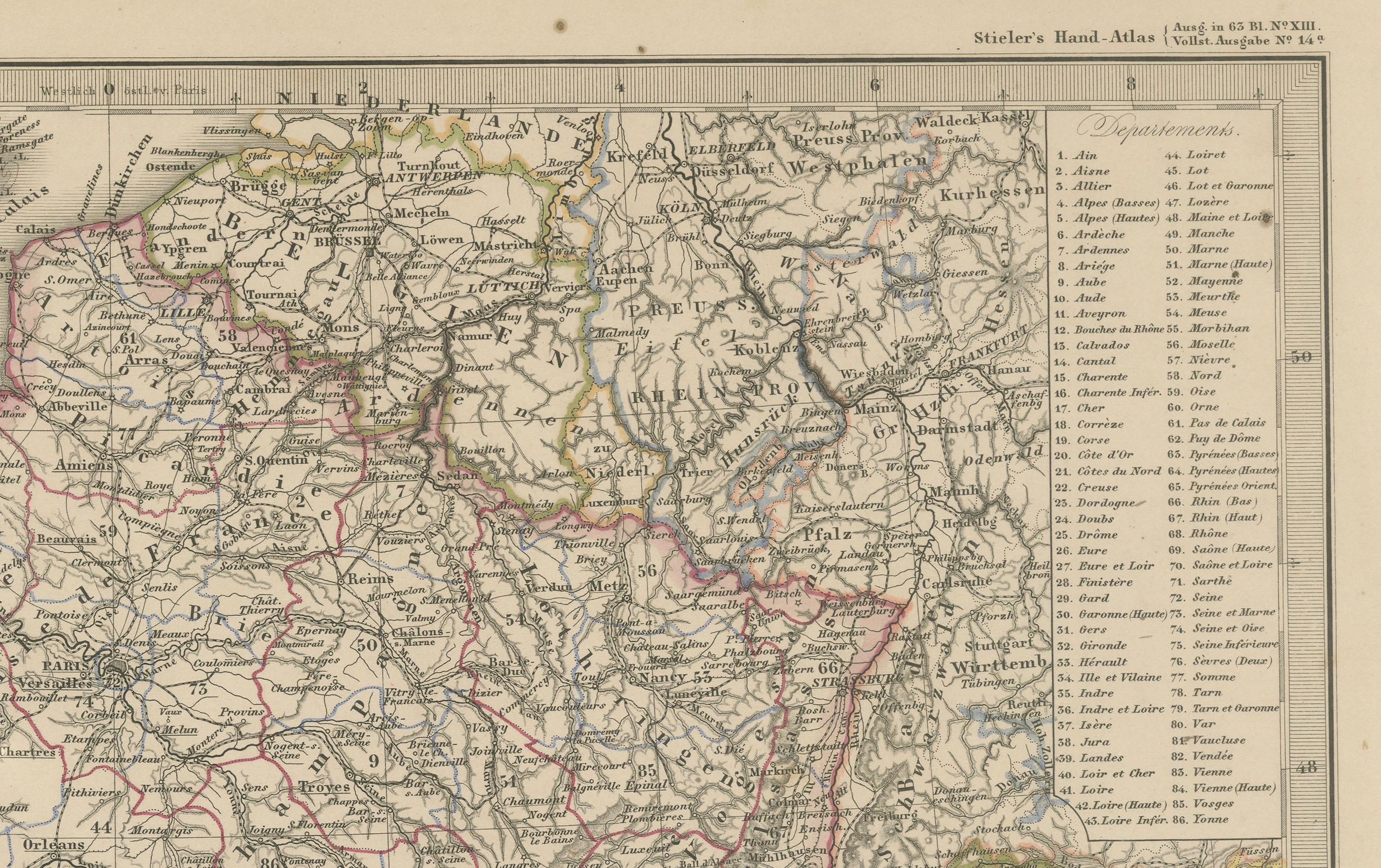 1856 Karte von Frankreich und der Schweiz mit Paris-Insert von Stülpnagel

Diese fein detaillierte antike Karte von Frankreich und der Schweiz wurde 1856 von dem angesehenen deutschen Kartographen Freiherr von Stülpnagel herausgegeben und von Justus