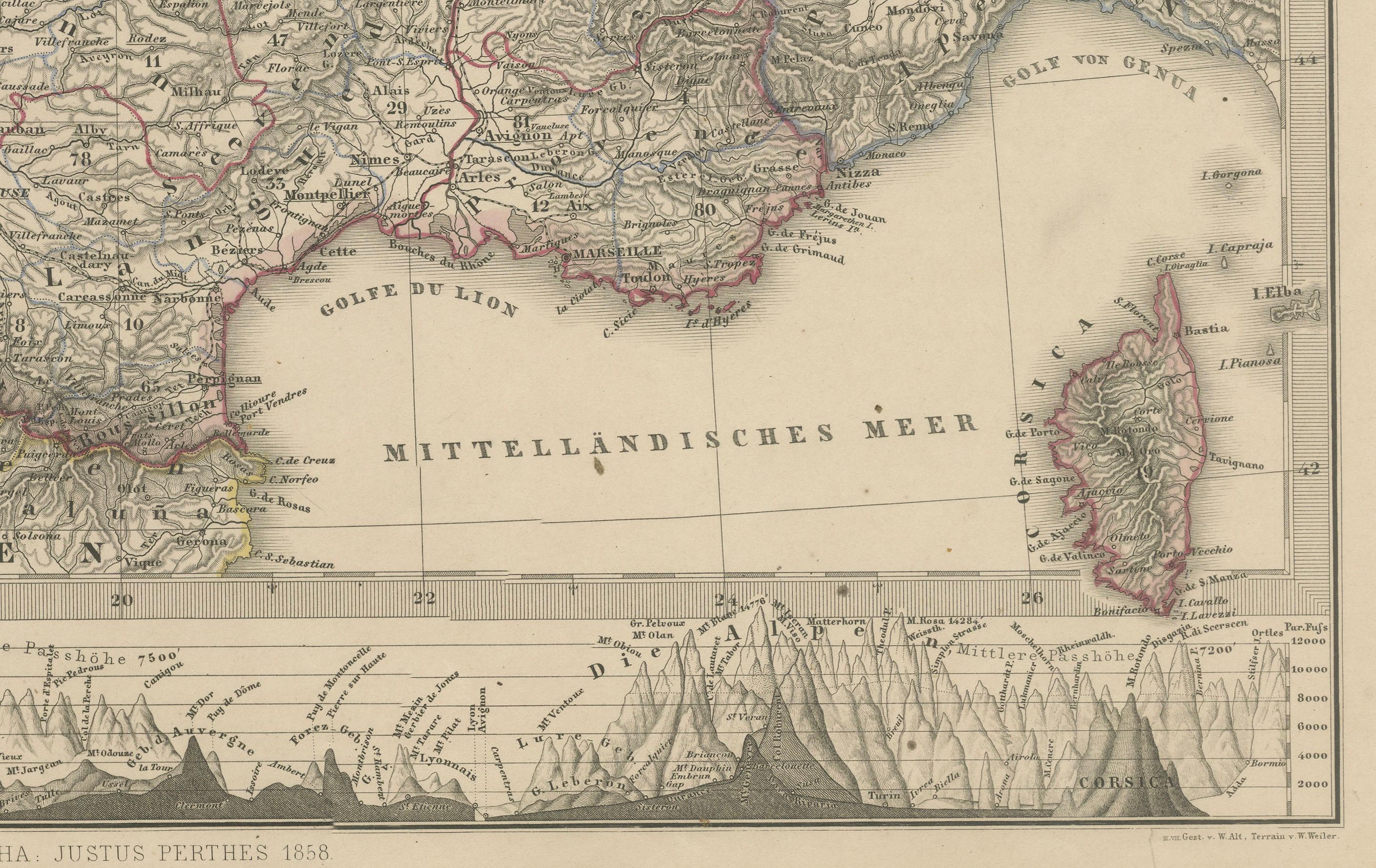 1856 Frankreich und Schweiz Karte mit Gebirgsprofilen (Deutsch) im Angebot