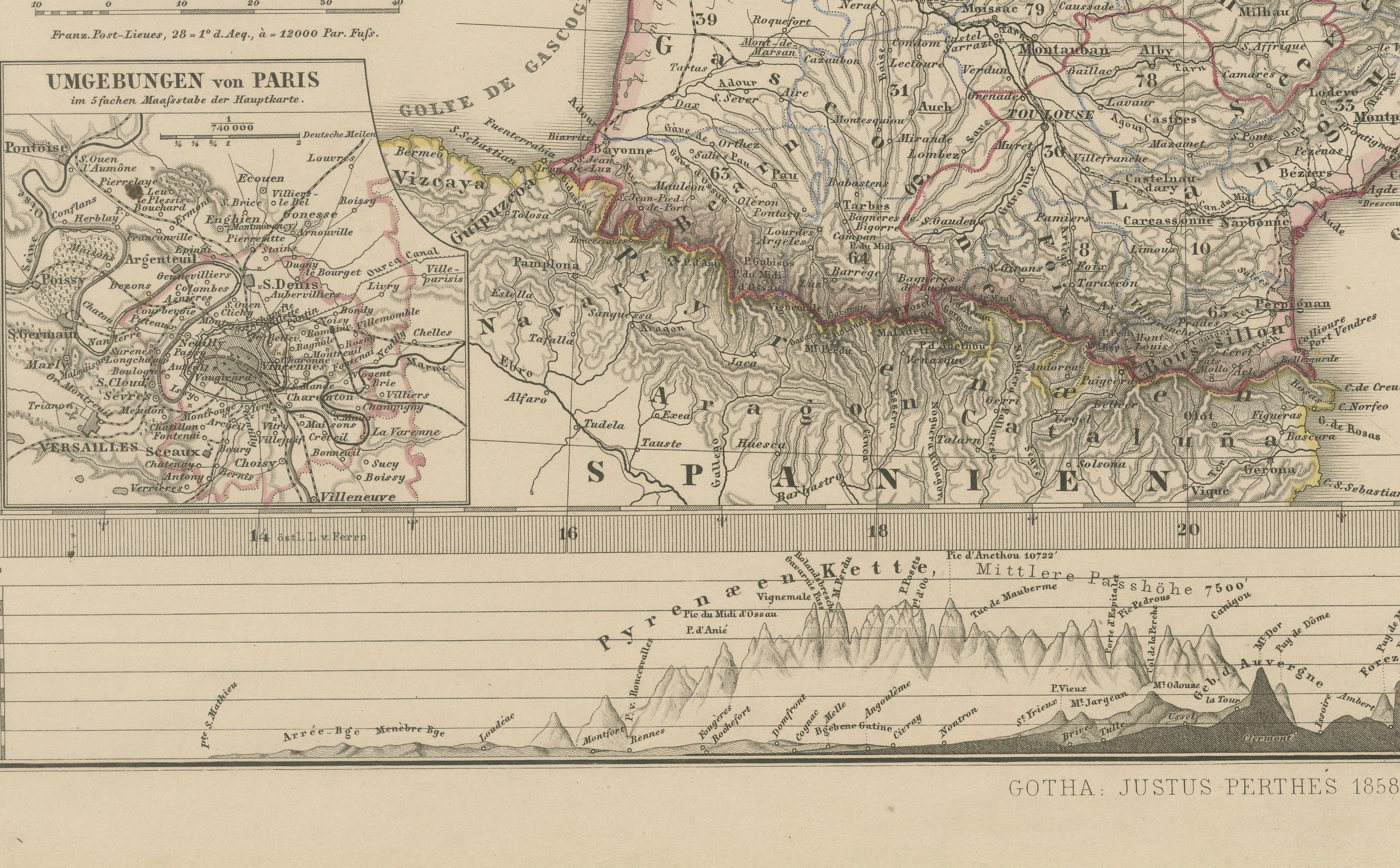 1856 Frankreich und Schweiz Karte mit Gebirgsprofilen (Graviert) im Angebot