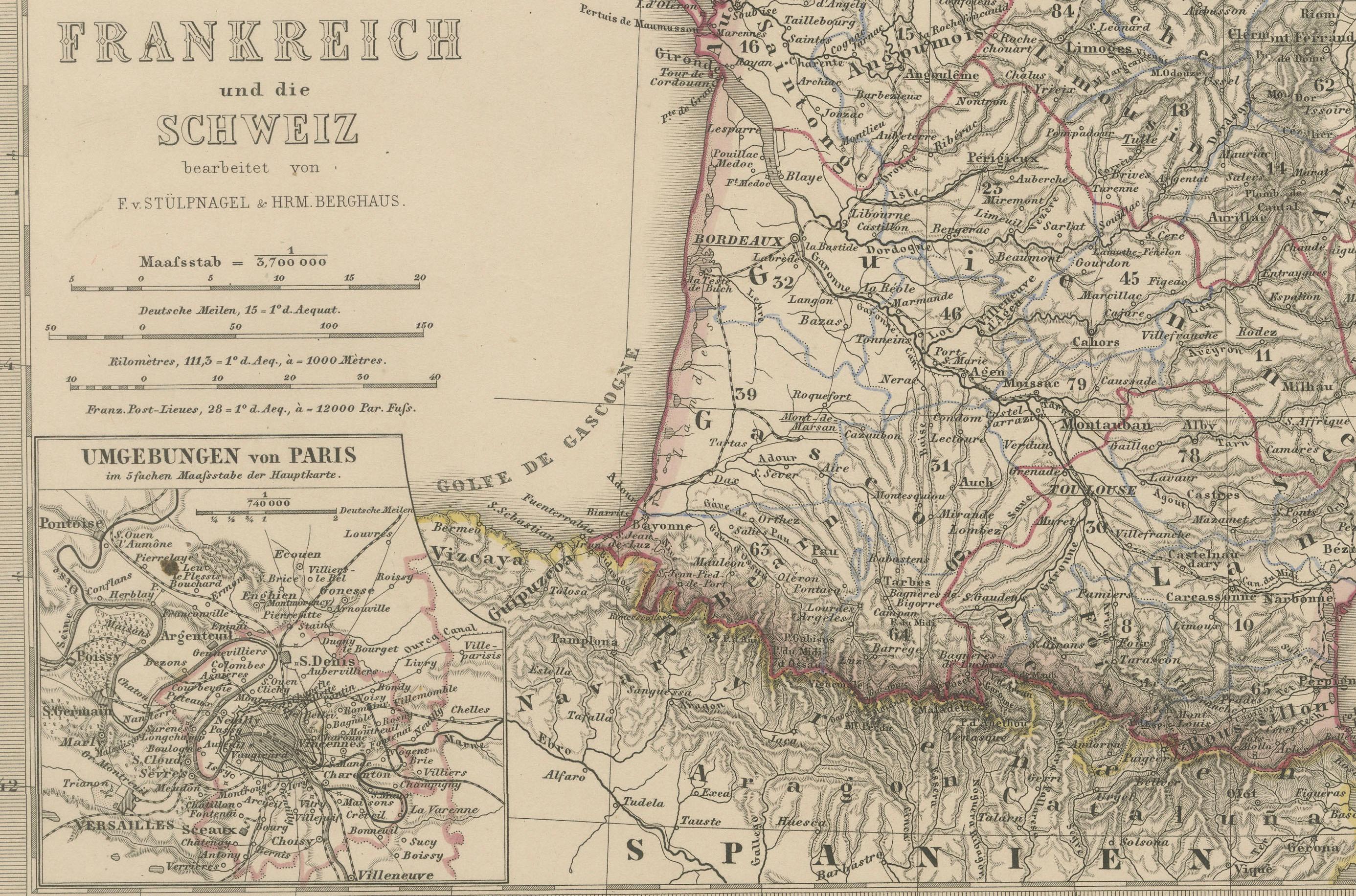 1856 Frankreich und Schweiz Karte mit Gebirgsprofilen im Zustand „Gut“ im Angebot in Langweer, NL