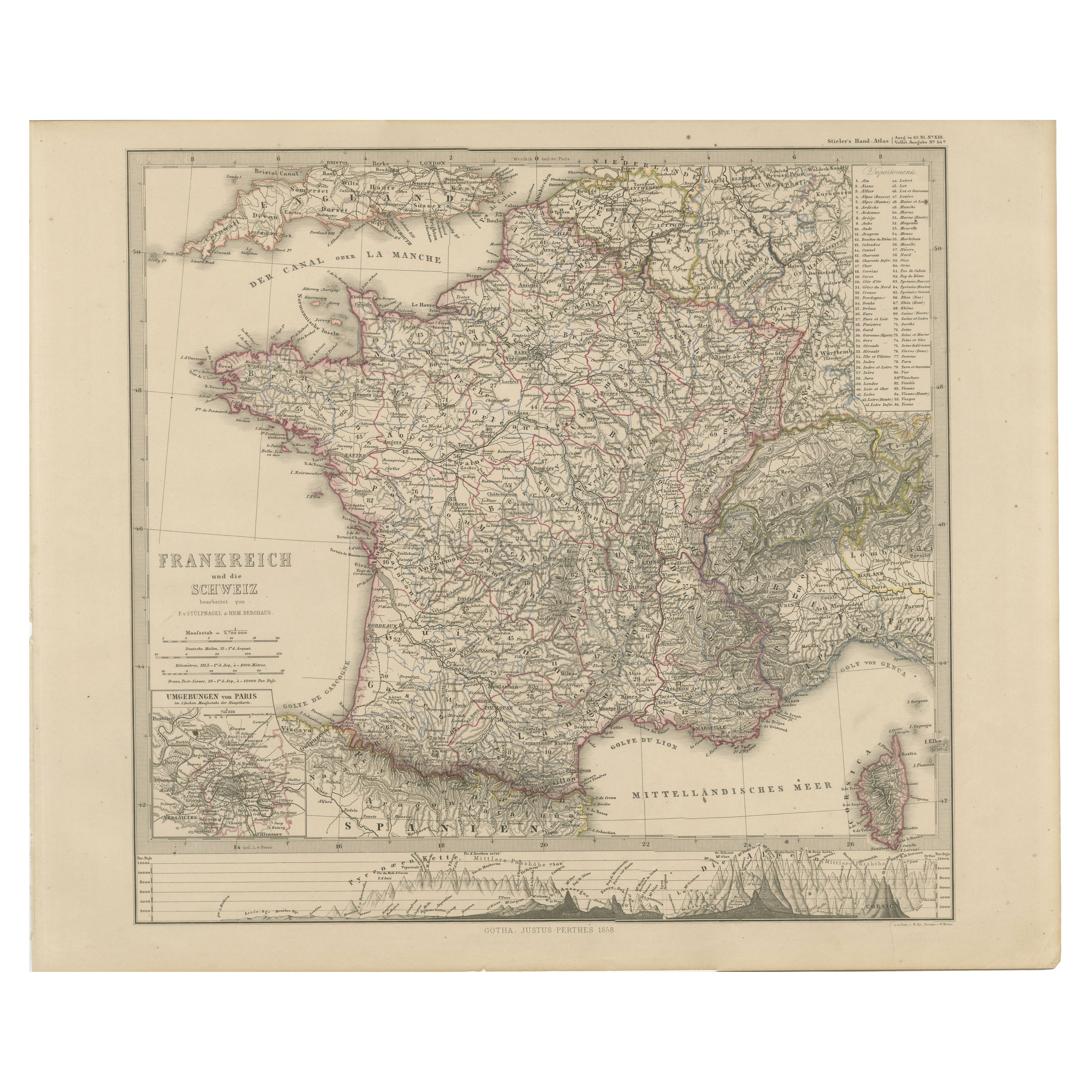 1856 Frankreich und Schweiz Karte mit Gebirgsprofilen