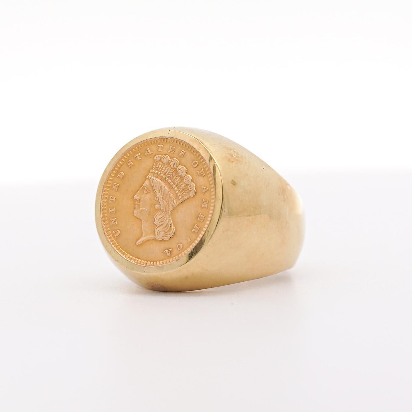 Art Deco 1856 Lady Liberty 1 Dollar Coin in 14k Gold Bezel Unisex Signet Ring For Sale