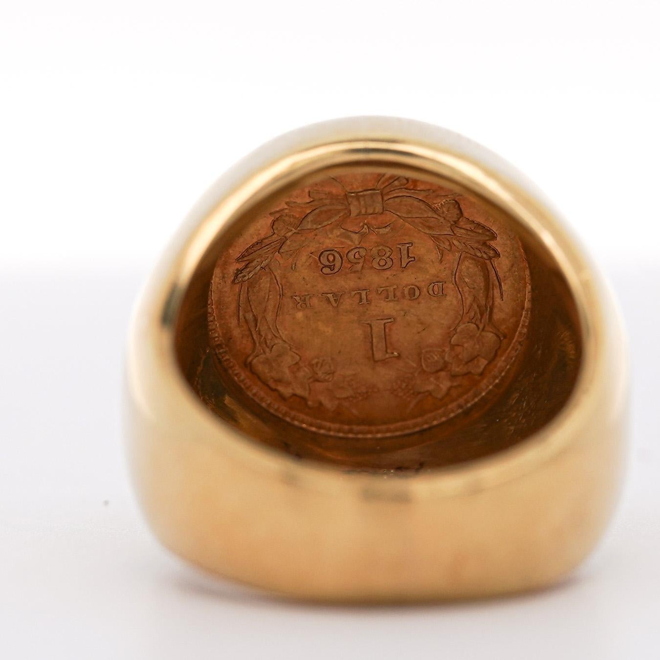 1856 Lady Liberty 1 Dollar Coin in 14k Gold Bezel Unisex Signet Ring In Excellent Condition For Sale In Miami, FL