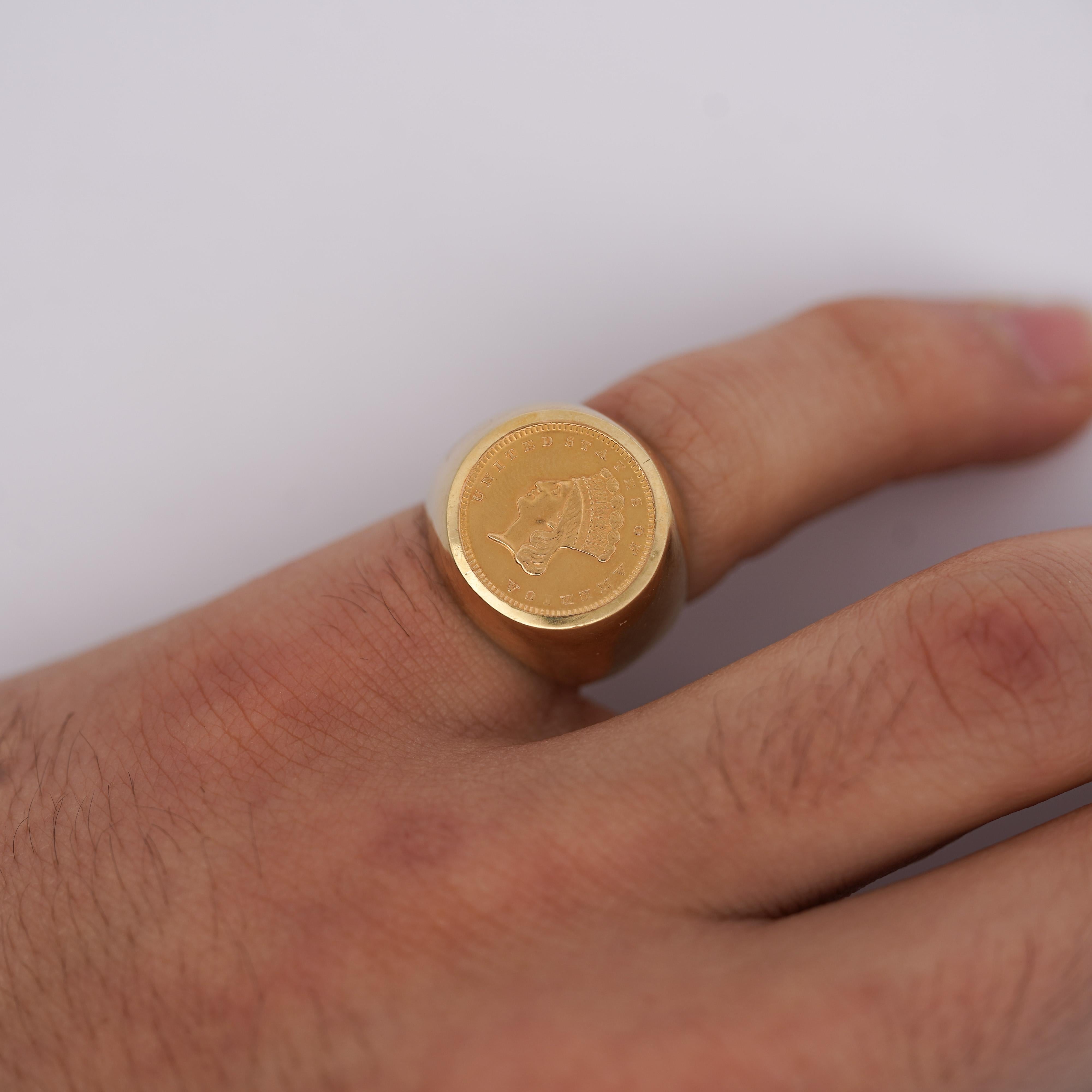 1856 Lady Liberty 1 Dollar Coin in 14k Gold Bezel Unisex Signet Ring For Sale 1