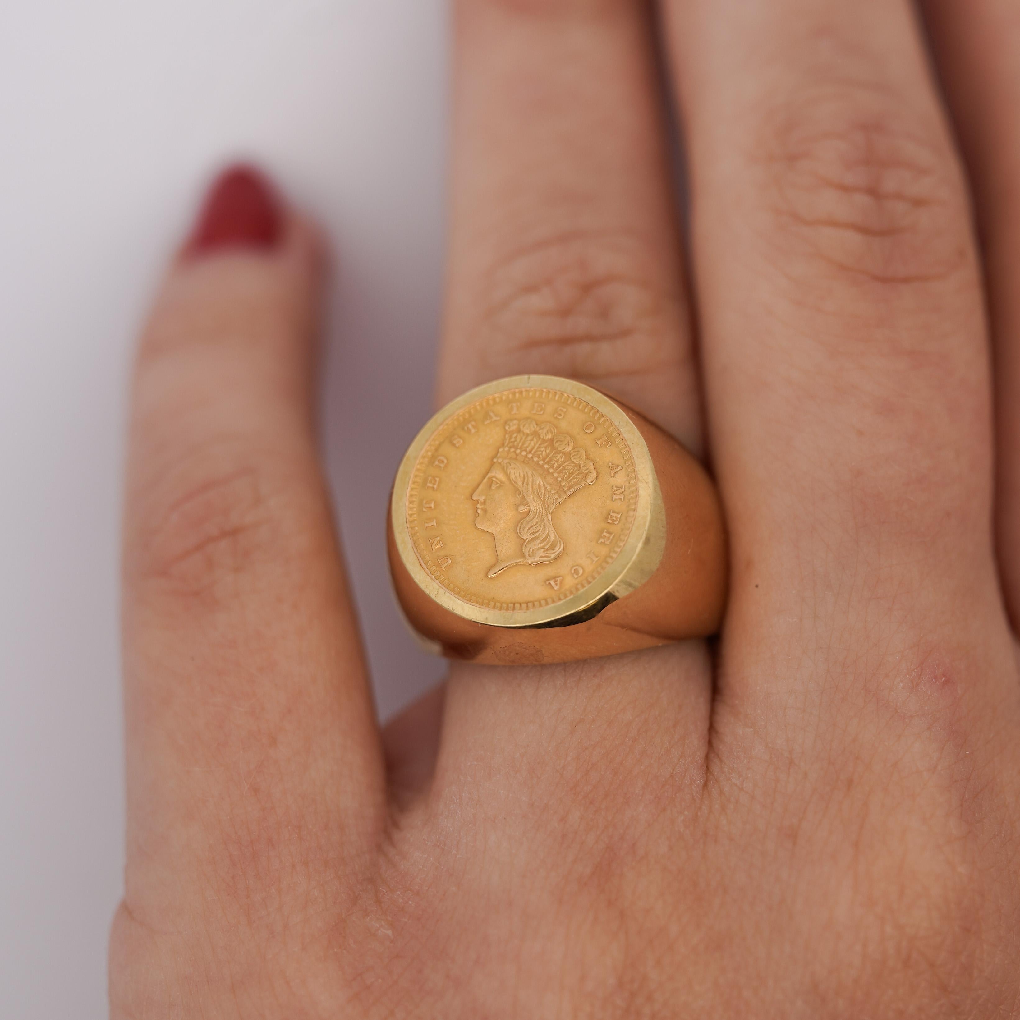 1856 Lady Liberty 1 Dollar Coin in 14k Gold Bezel Unisex Signet Ring For Sale 2