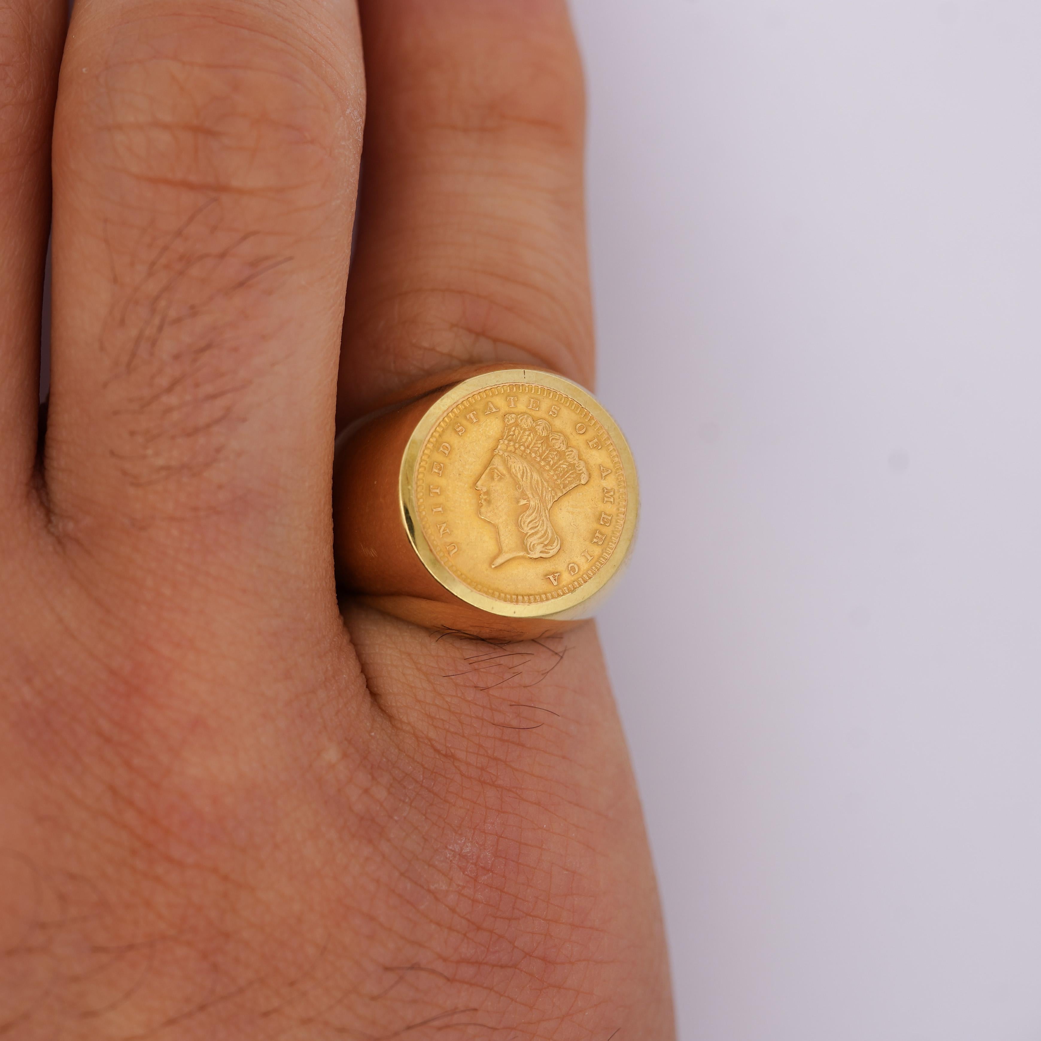 1856 Lady Liberty 1 Dollar Coin in 14k Gold Bezel Unisex Signet Ring For Sale 4