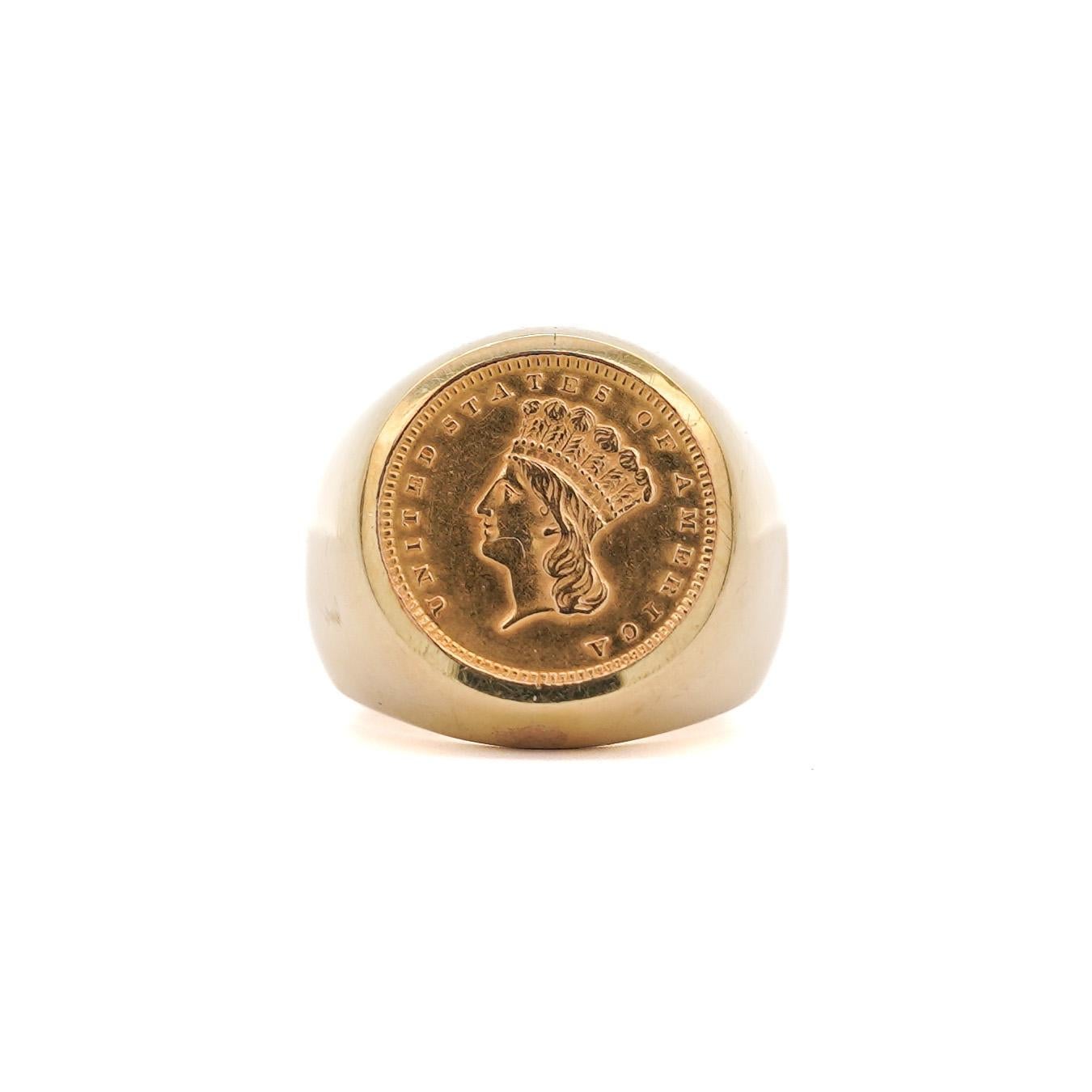 1856 Lady Liberty 1 Dollar Coin in 14k Gold Bezel Unisex Signet Ring For Sale 5