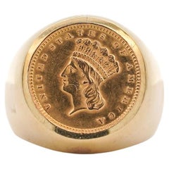 Anillo de sello unisex con bisel de oro de 14k y moneda de 1 dólar de la Dama de la Libertad de 1856