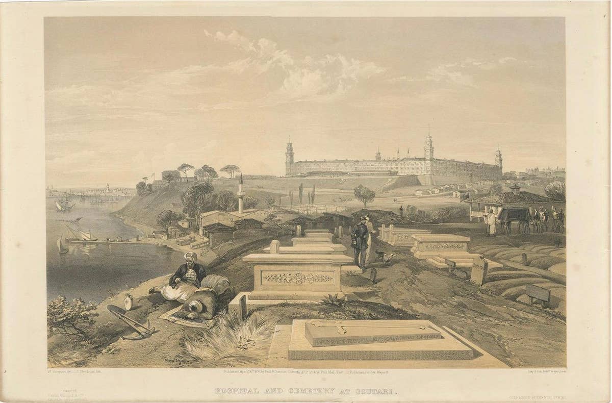 Antique Print of a Hospital and Cemetery at Scutari by Colnaghi, 1856