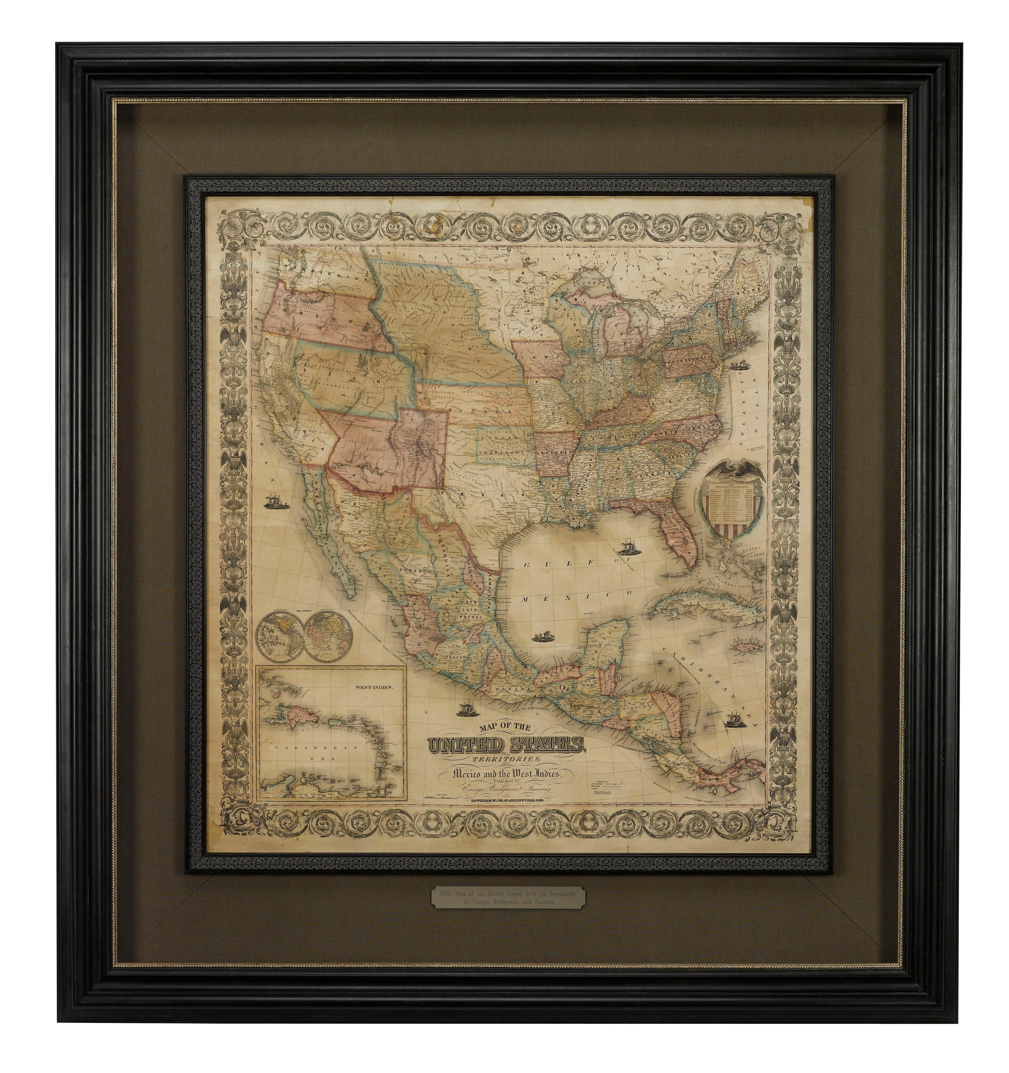 Voici une rare carte murale des États-Unis et du Mexique publiée par Ensign, Bridgman et Fanning en 1856. Comme le titre l'indique, la carte couvre tous les États-Unis, ainsi que le Mexique, Cuba et l'Amérique centrale jusqu'au Panama. D'autres