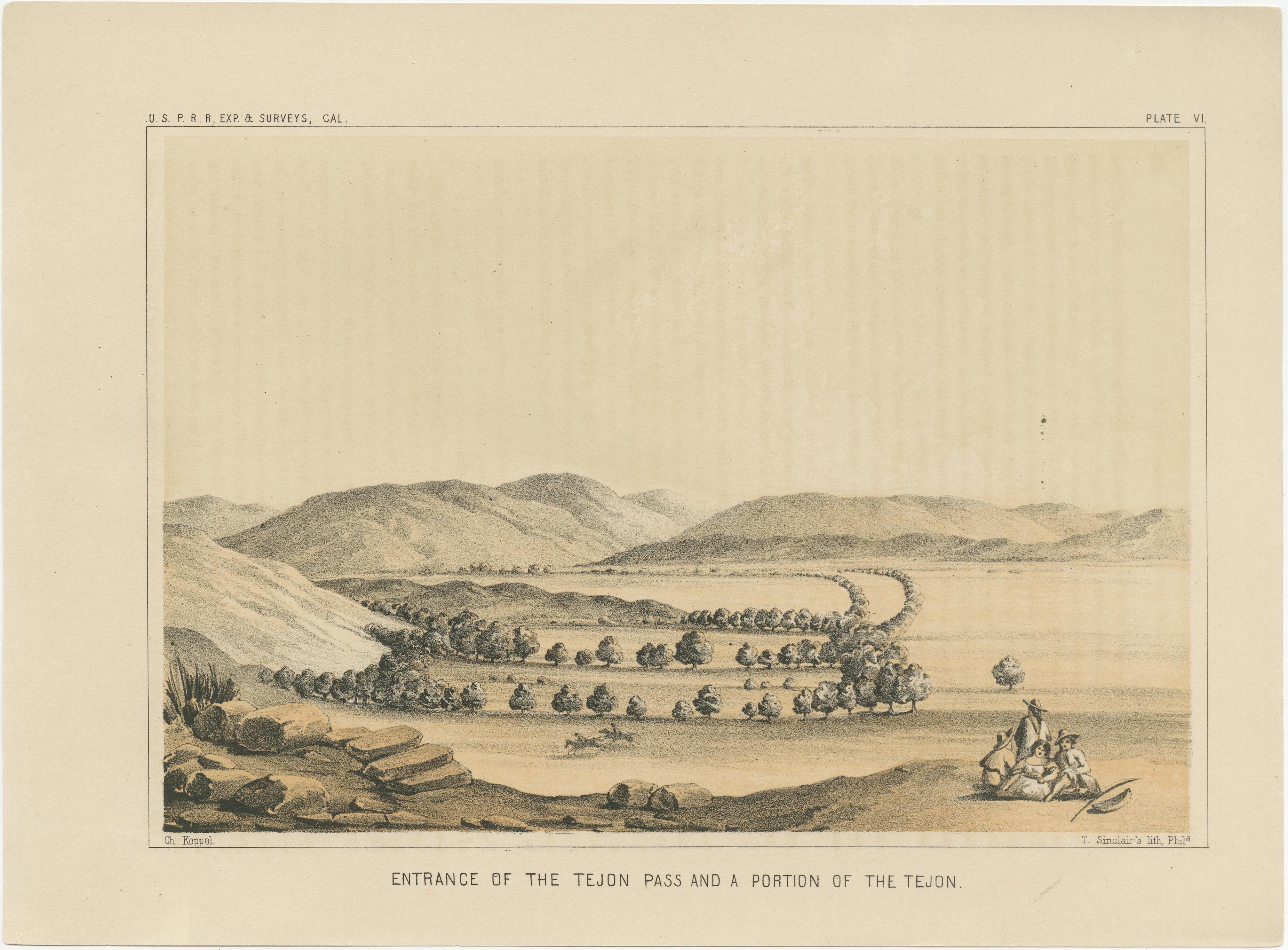 Titel: Getönte Lithographie des Eingangs zum Tejon-Pass und eines Teils des Tejon, 1856  

Beschreibung:  
Diese Lithografie, 