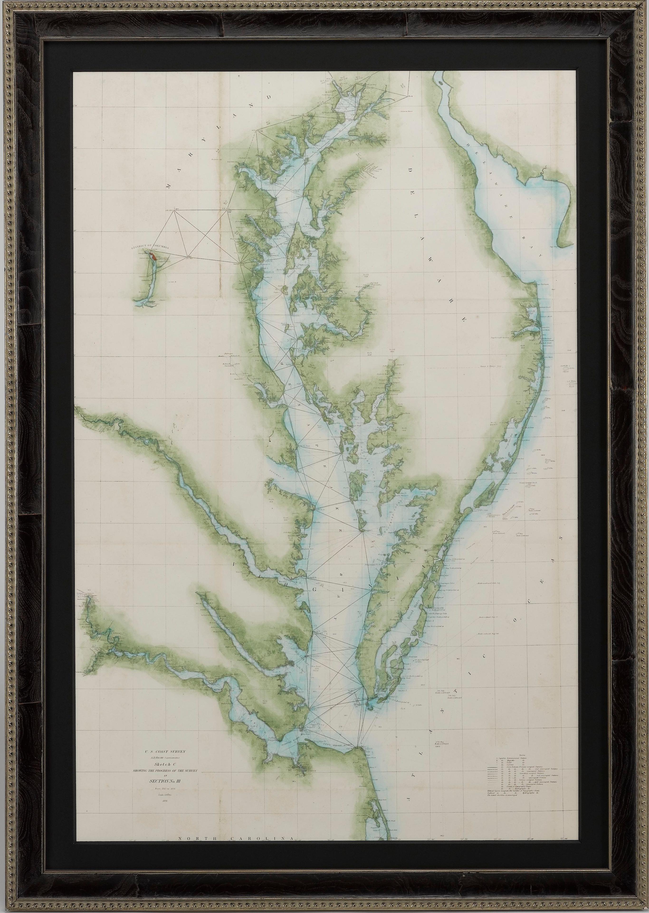 Presented is U.S. Coast Survey nautical chart or maritime map of Chesapeake Bay and Delaware Bay from 1856. The map depicts the region from Susquehanna, Maryland to the northern Outer Banks in North Carolina. It also shows from Richmond and