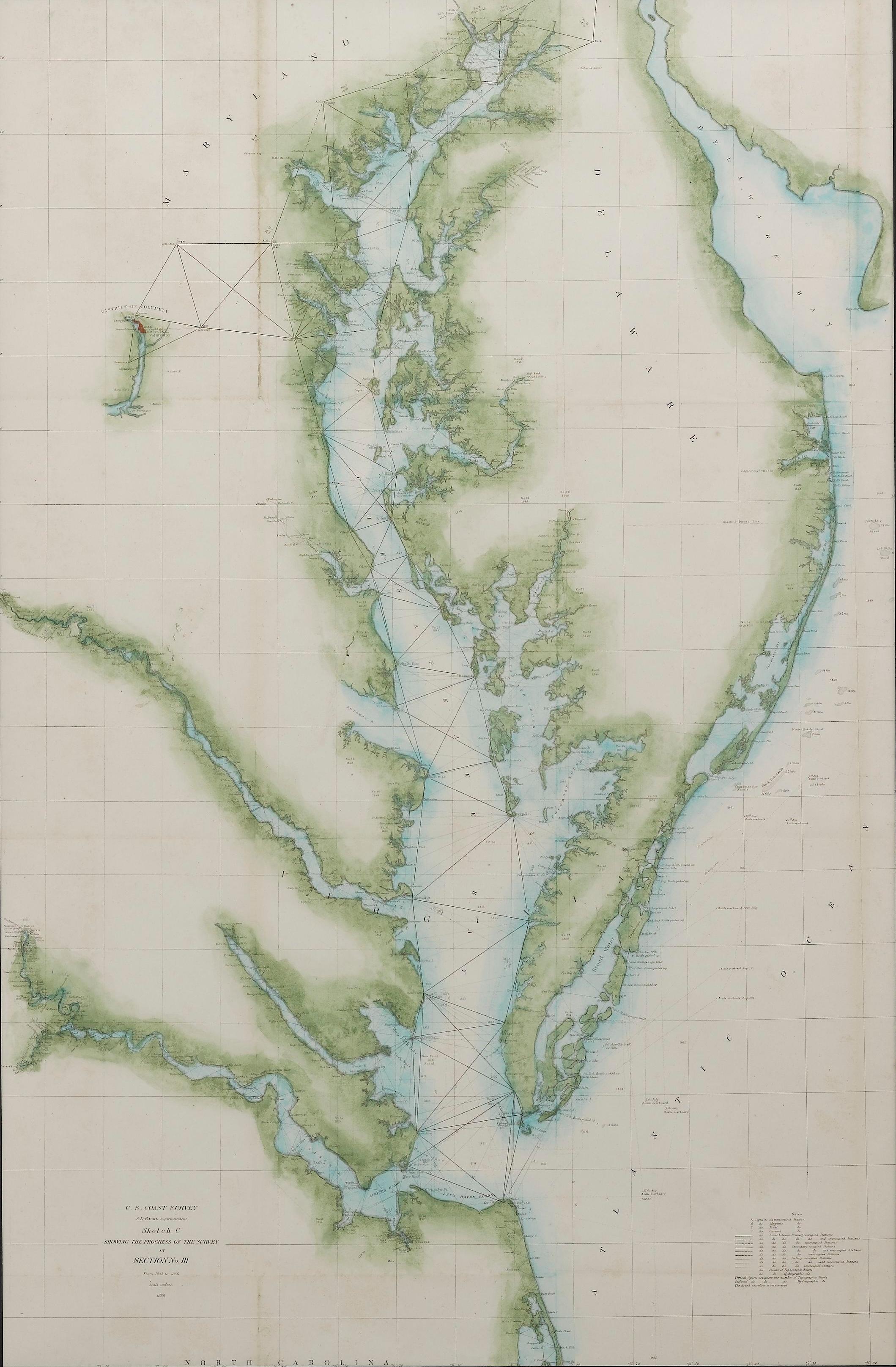 Américain 1856 Carte de la baie de Chesapeake et de la baie de Delaware établie par l'U.S. Coast Survey en vente