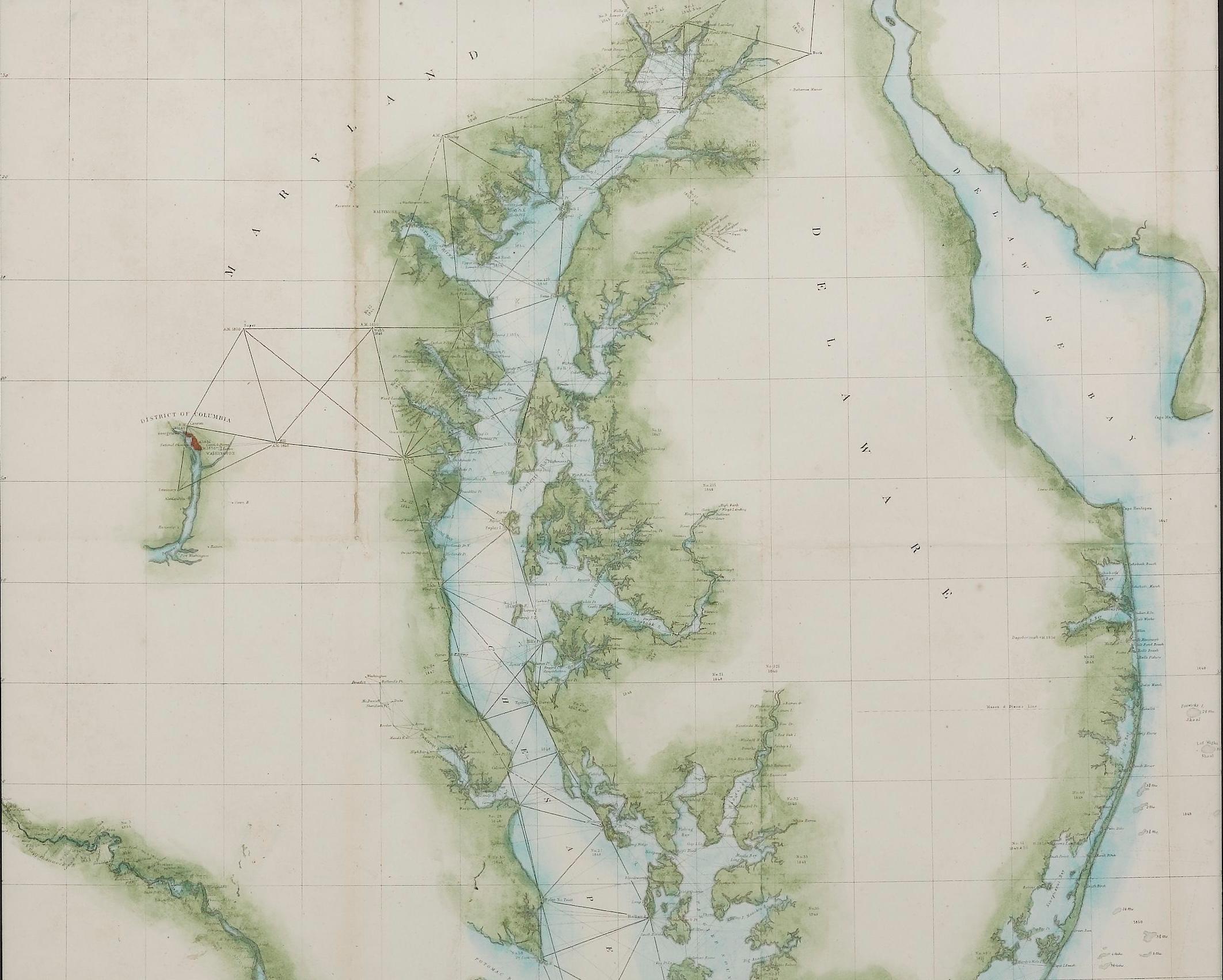 Peint à la main 1856 Carte de la baie de Chesapeake et de la baie de Delaware établie par l'U.S. Coast Survey en vente