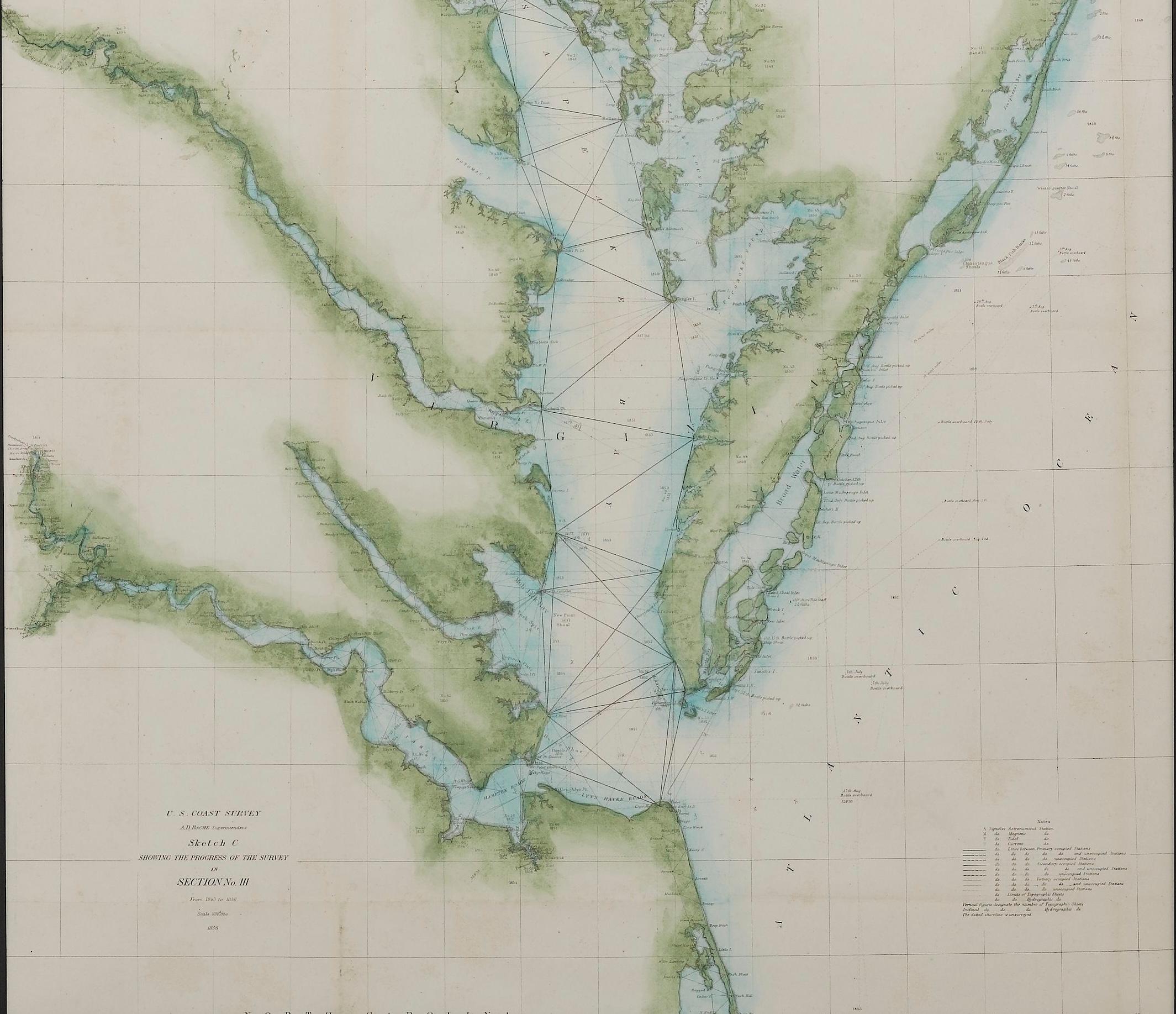 1856 Carte de la baie de Chesapeake et de la baie de Delaware établie par l'U.S. Coast Survey Bon état - En vente à Colorado Springs, CO