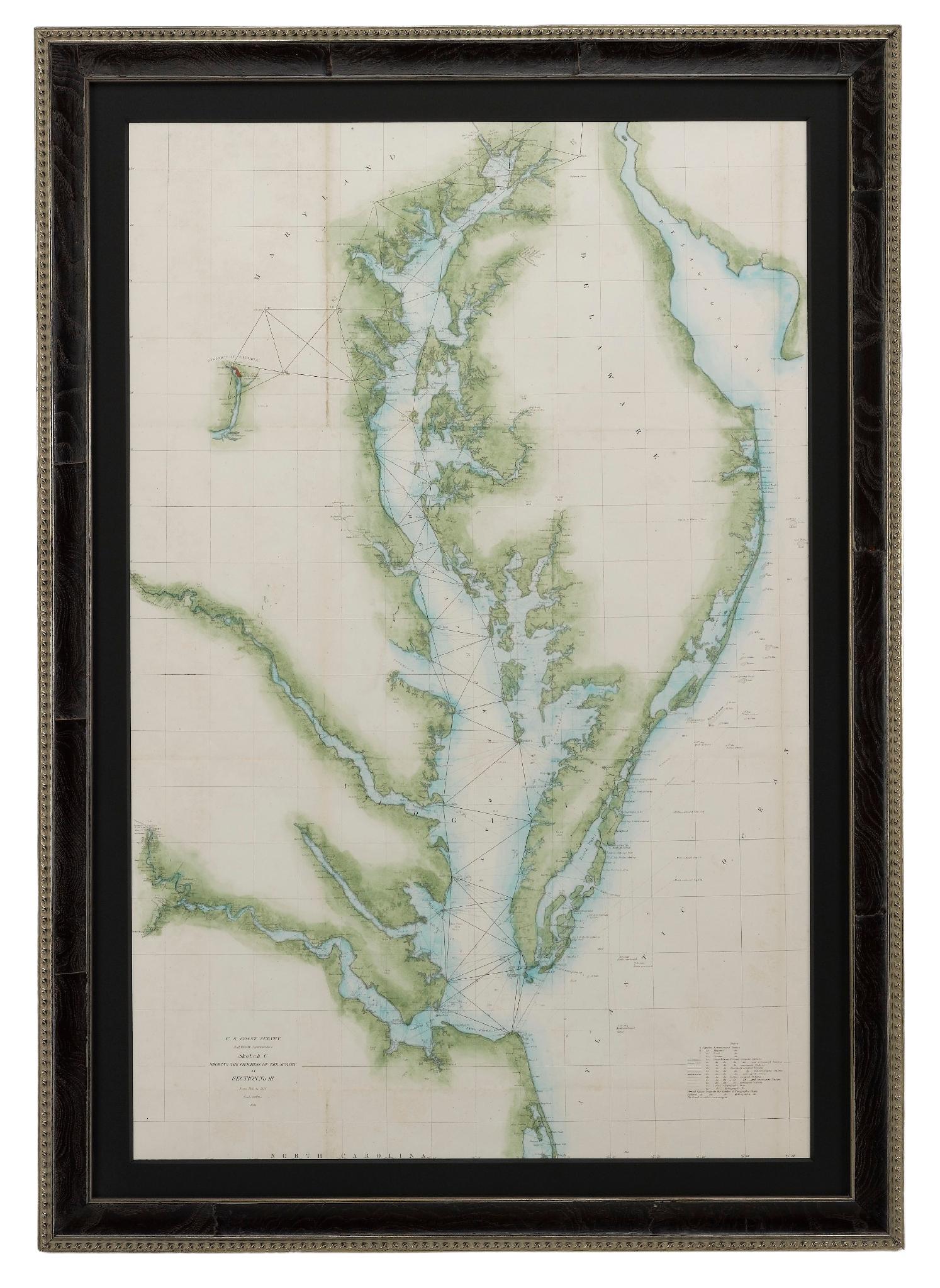 Milieu du XIXe siècle 1856 Carte de la baie de Chesapeake et de la baie de Delaware établie par l'U.S. Coast Survey en vente