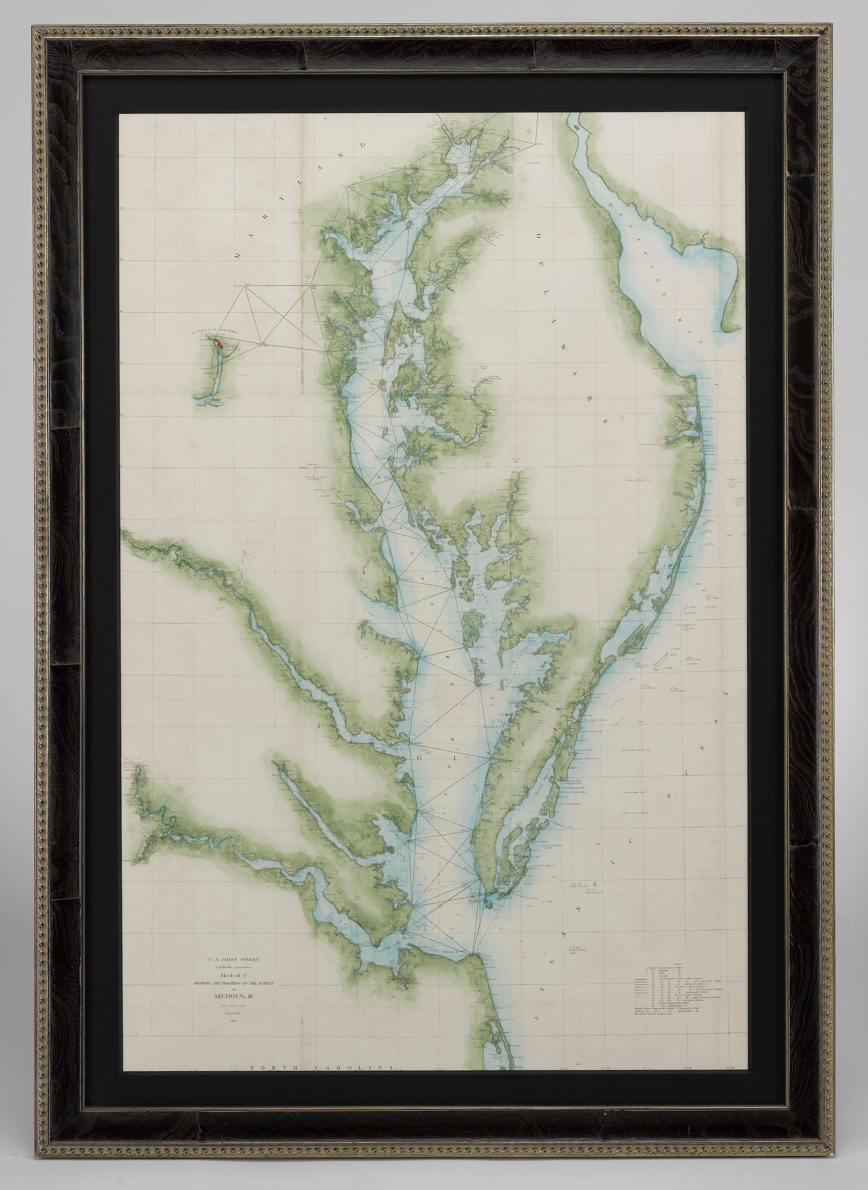 Papier 1856 Carte de la baie de Chesapeake et de la baie de Delaware établie par l'U.S. Coast Survey en vente
