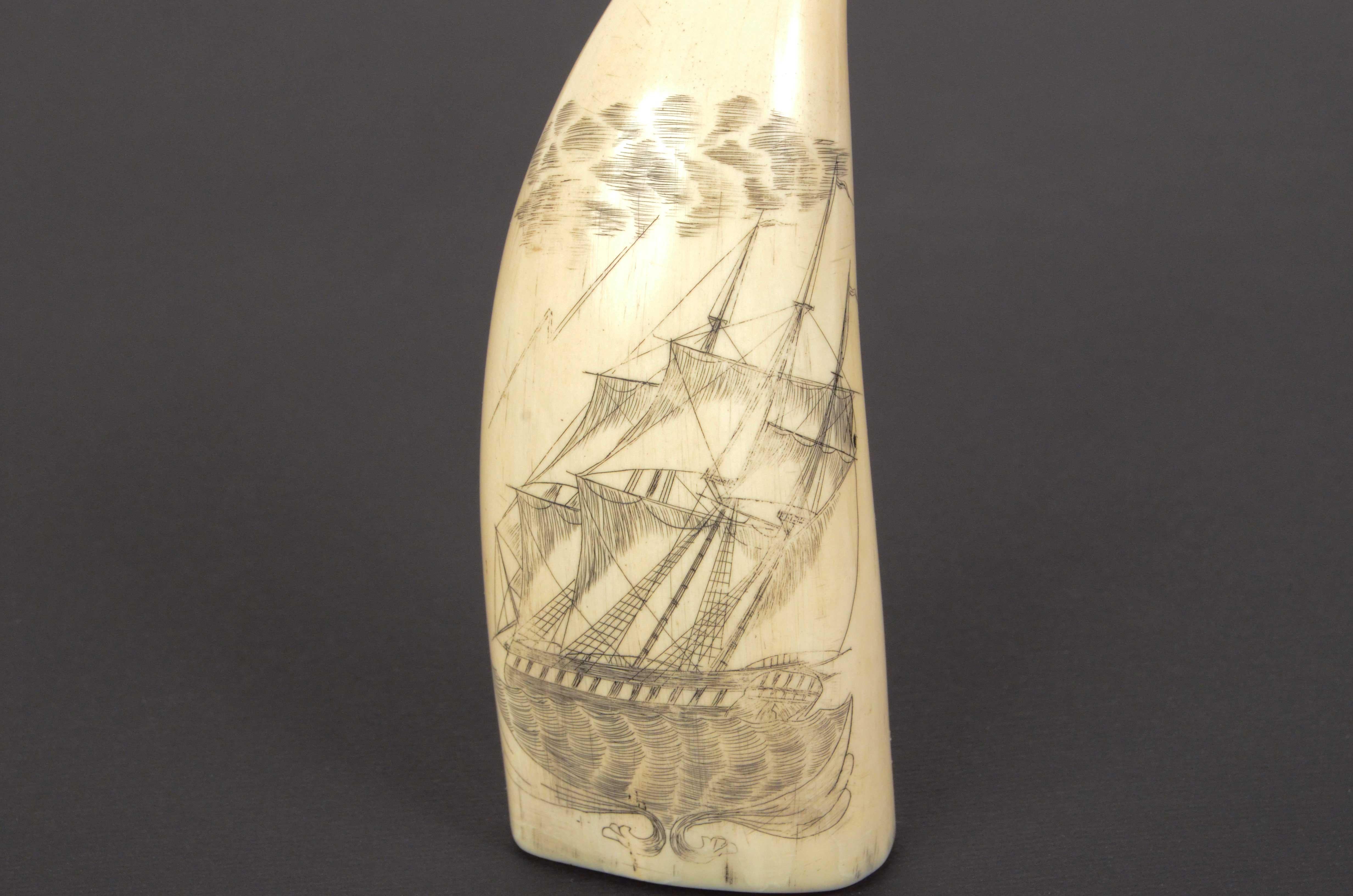 1856s Vertical Engraved Scrimshaw of a Whale Tooth Antique Nautical Workmanship In Good Condition In Milan, IT