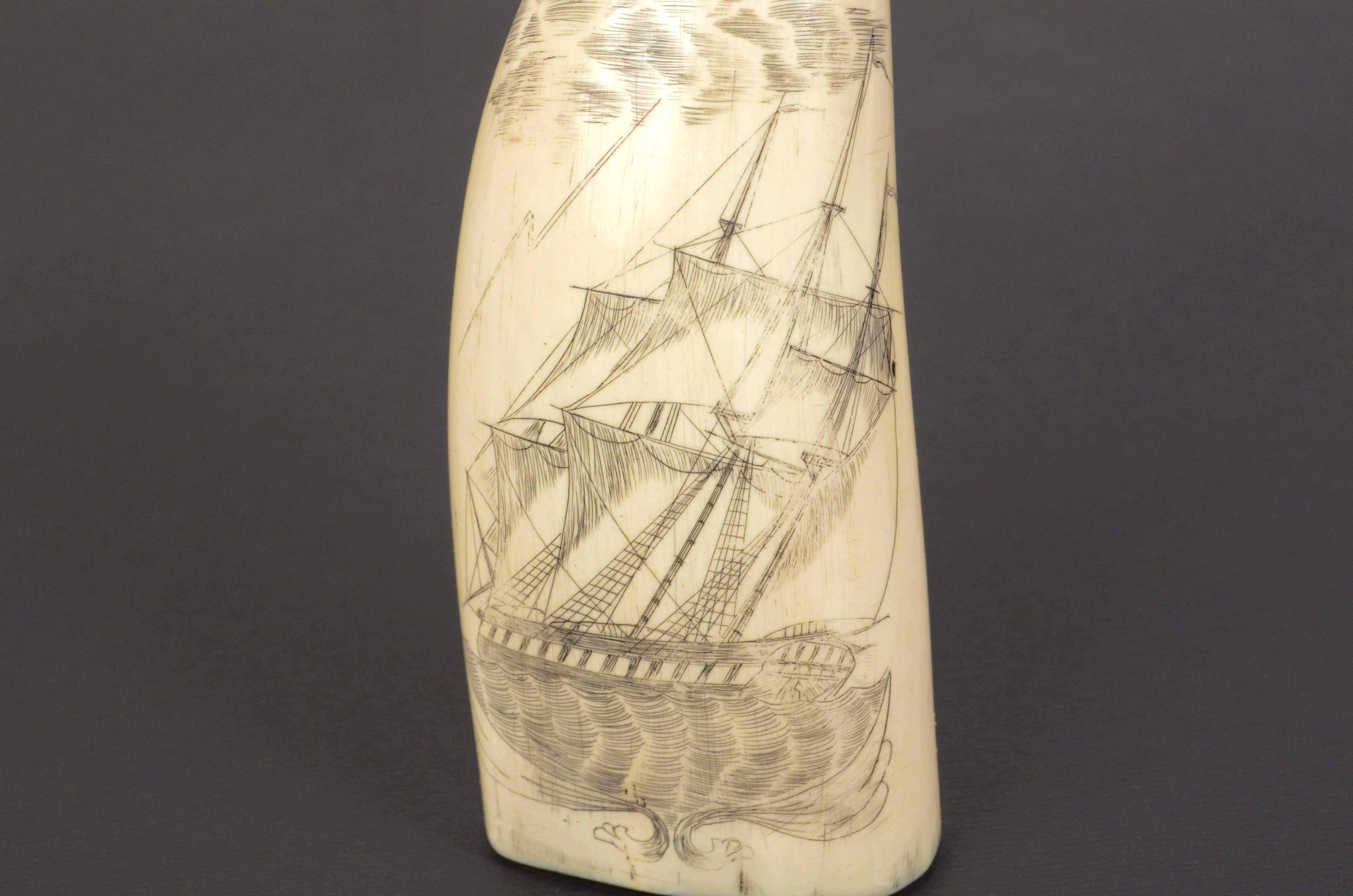 Mid-19th Century 1856s Vertical Engraved Scrimshaw of a Whale Tooth Antique Nautical Workmanship