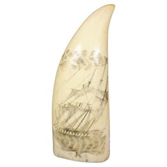 1856s Vertical Engraved Scrimshaw of a Whale Tooth Antique Nautical Workmanship