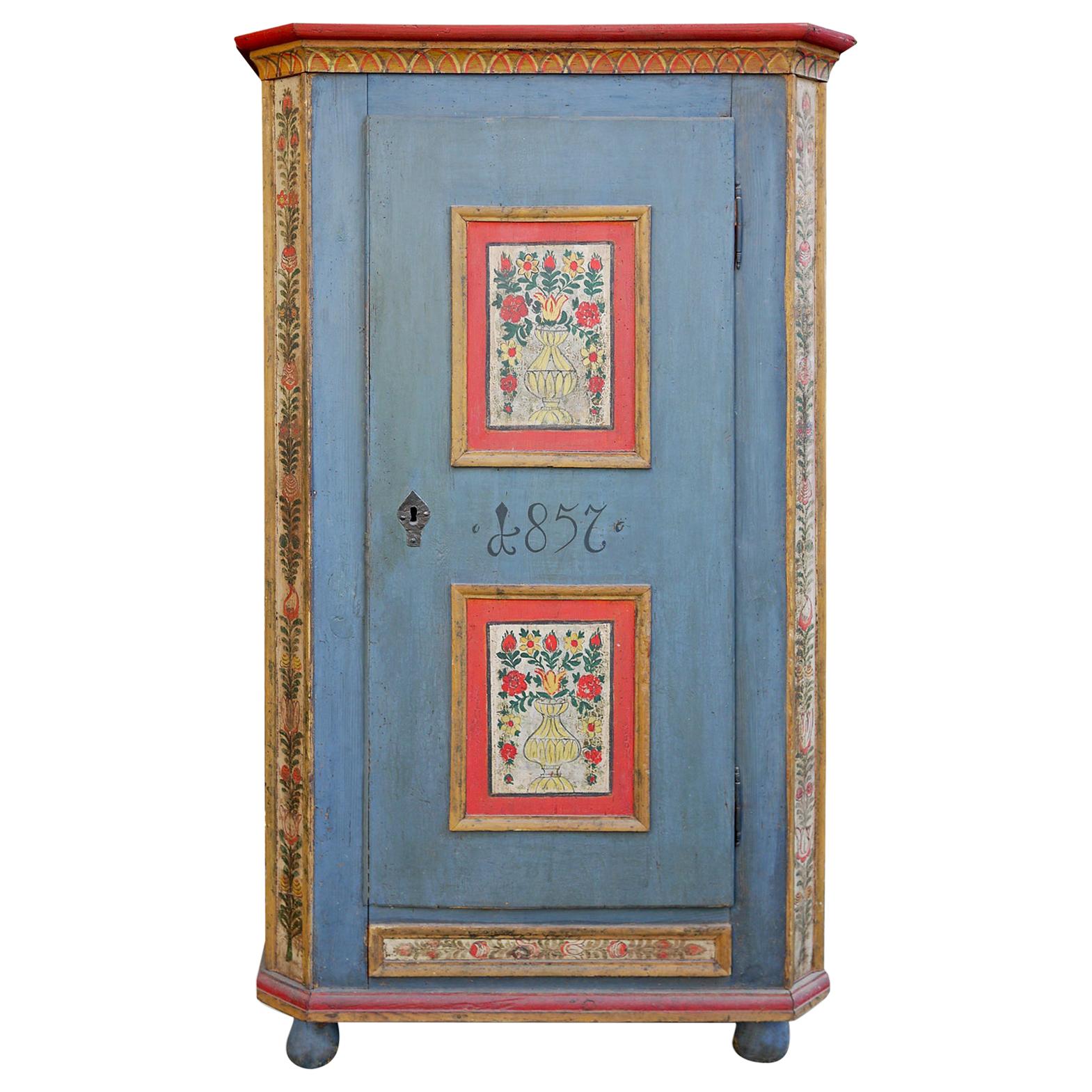Light Blue Floral Painted One Door Cabinet - Dsated 1857