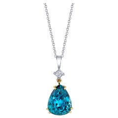 18.57 ct. Blue Zircon Pear / Teardrop, Diamond, 18k White Gold Pendant Necklace
