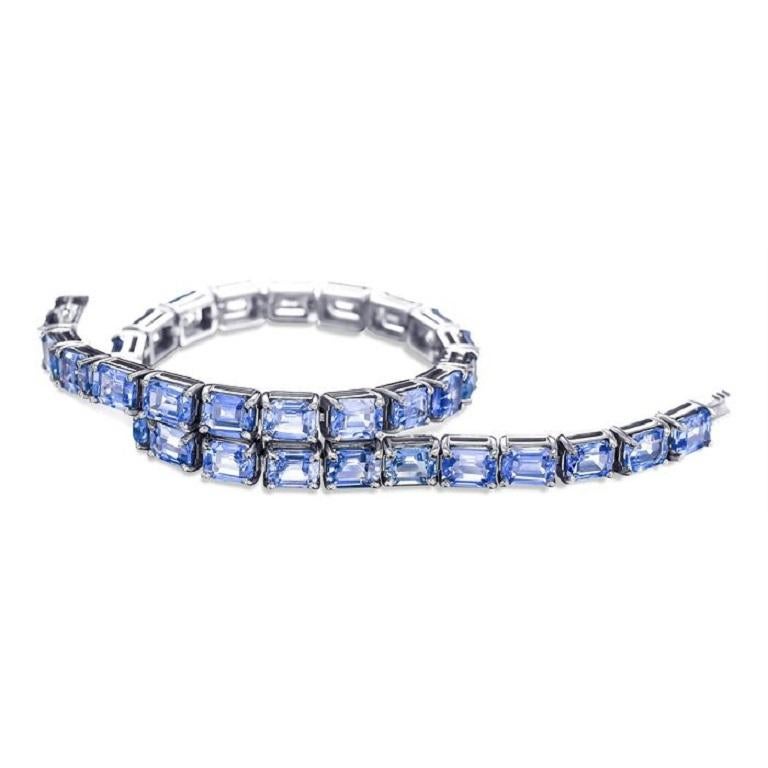 Art Deco 18.57 Carat Natural Emerald Cut Sapphire Tennis Bracelet Riviera