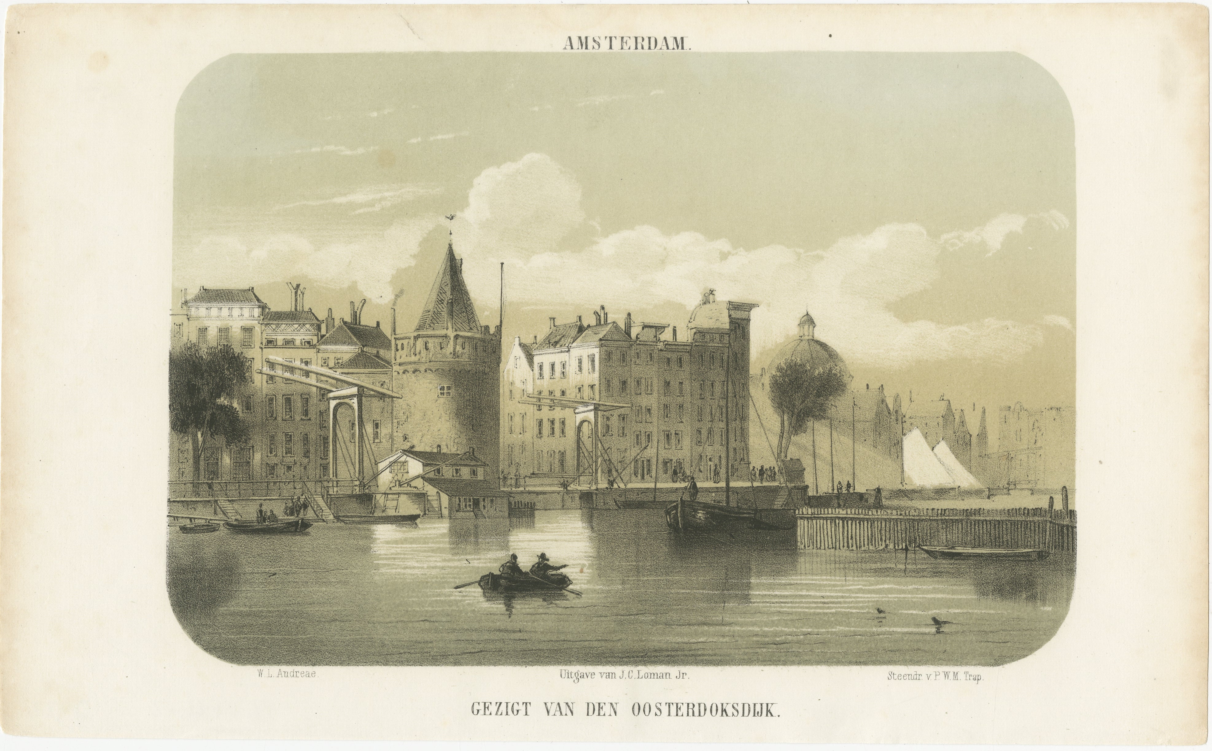 Gezigt van den Oosterdoksdijk, handkolorierte Lithographie von Amsterdam, 1857

Diese fein ausgeführte handkolorierte Lithografie mit dem Titel 